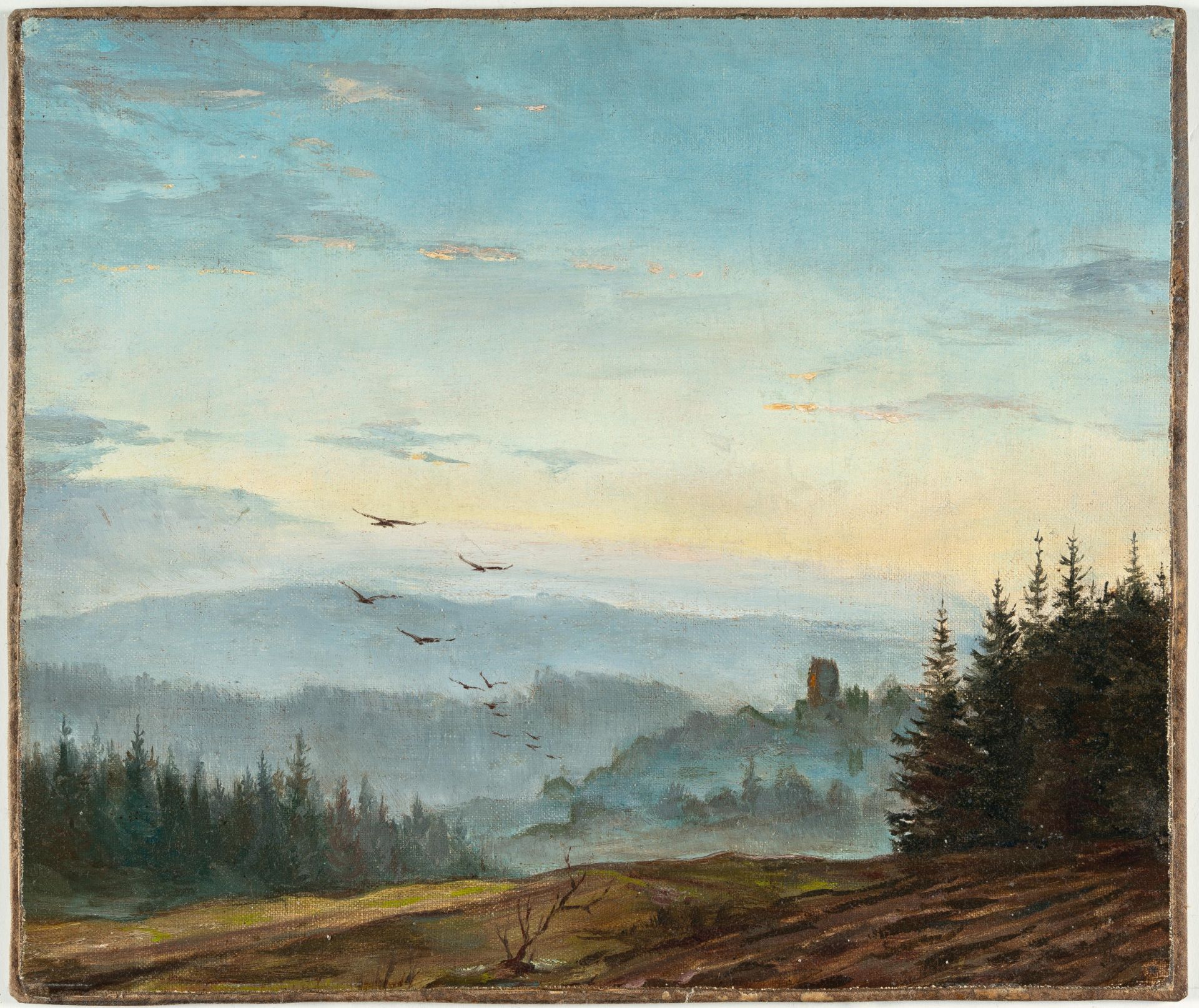German – Bohemian landscape with birds at morning hour.Oil on canvas, mounted on cardboard. (C. - Image 2 of 4