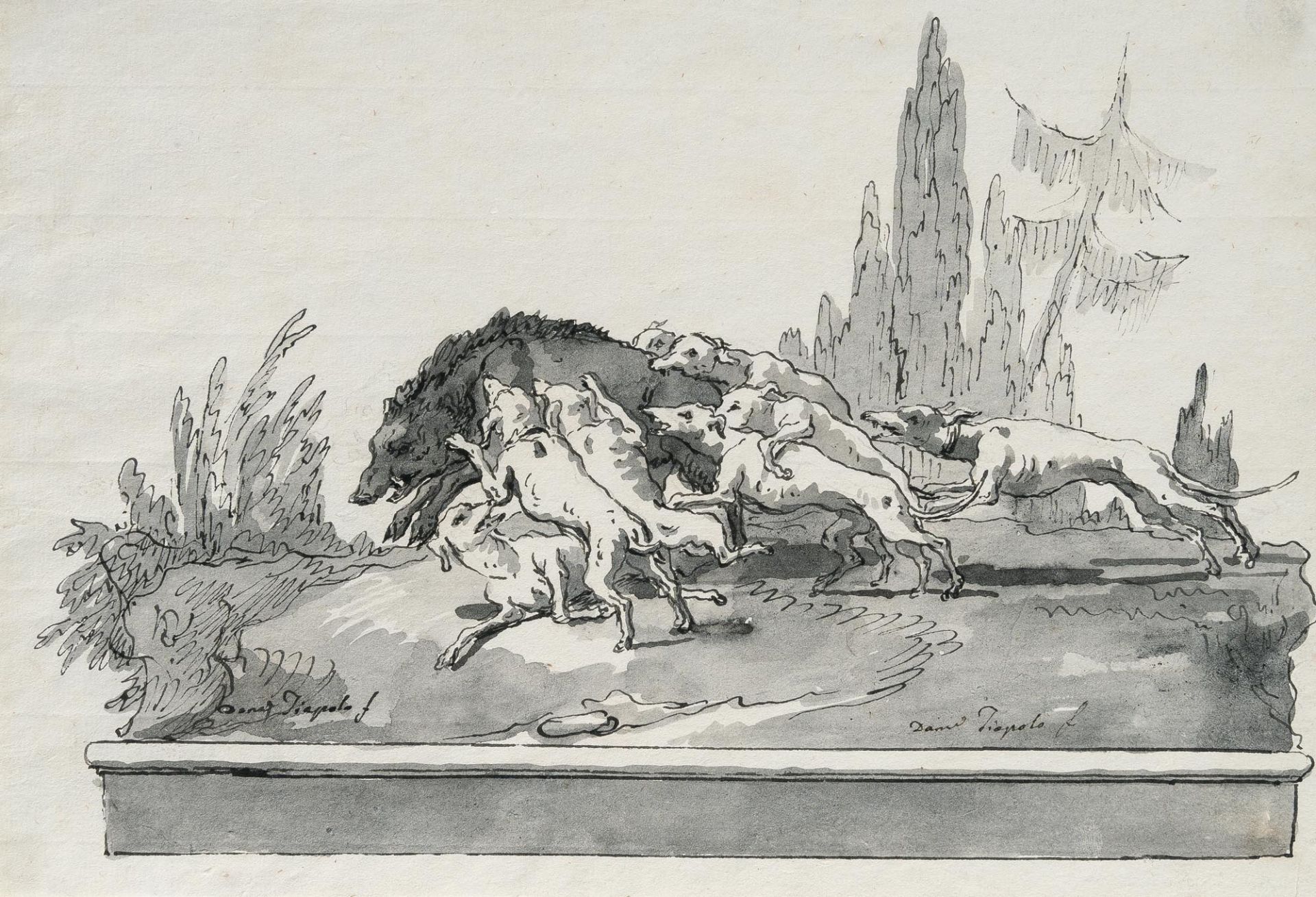 Giovanni Domenico Tiepolo (1727 - Venedig - 1804) – Hounds bringing down a boar.Pen in black, grey