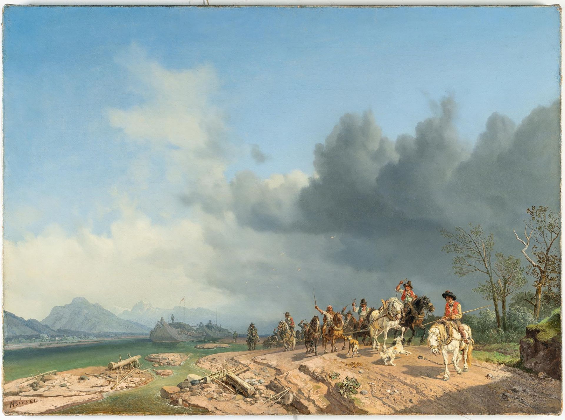 Heinrich Bürkel (1802 Pirmasens - München 1869) – Treidler ziehen zwei Schiffe stromaufwärts (am Inn - Bild 2 aus 4