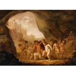 Abraham van Cuylenborch (1620 - Utrecht - 1658) – Putti doing a roundeley in a grotto.Oil on oak,