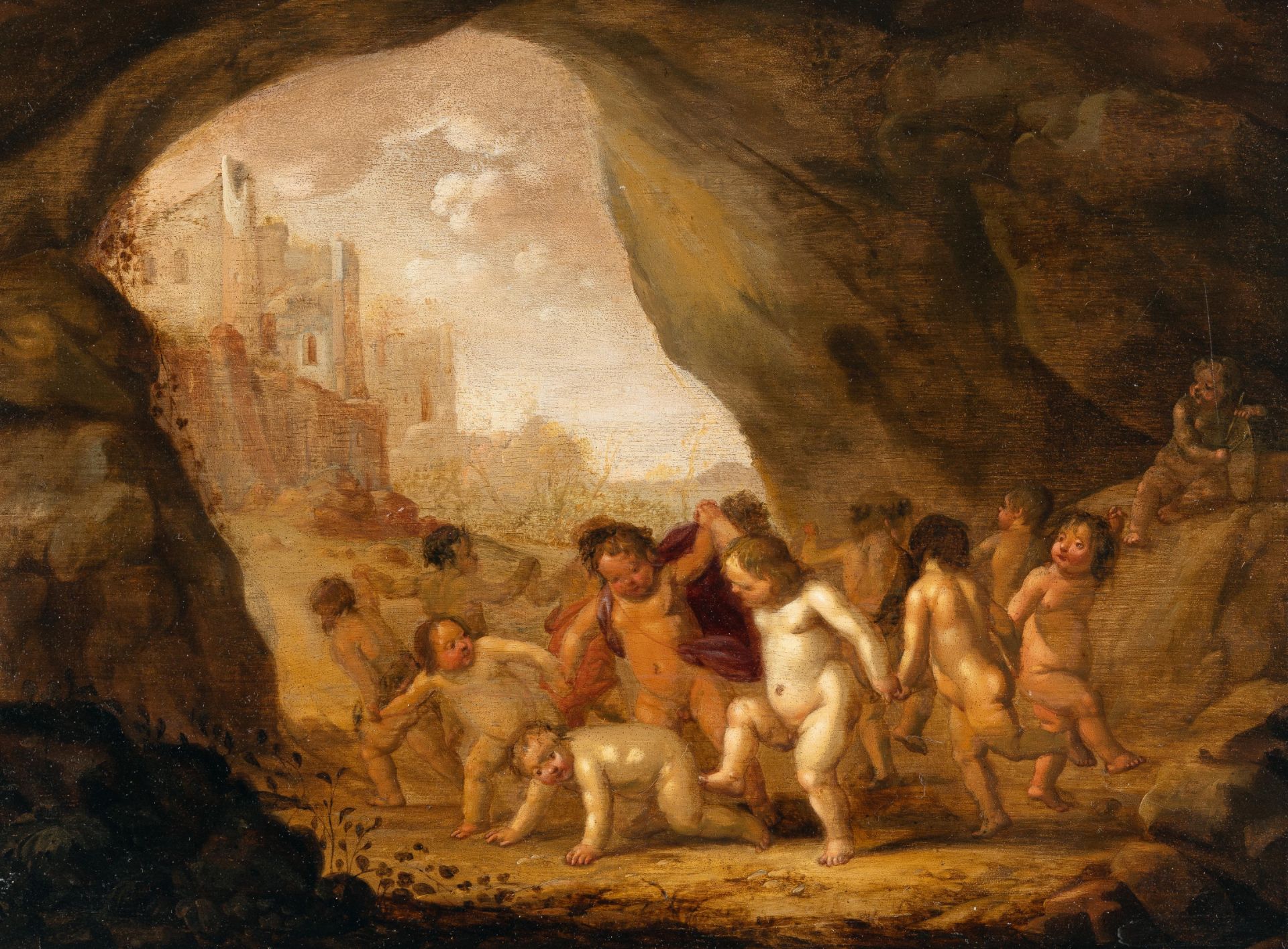 Abraham van Cuylenborch (1620 - Utrecht - 1658) – Putti doing a roundeley in a grotto.Oil on oak,