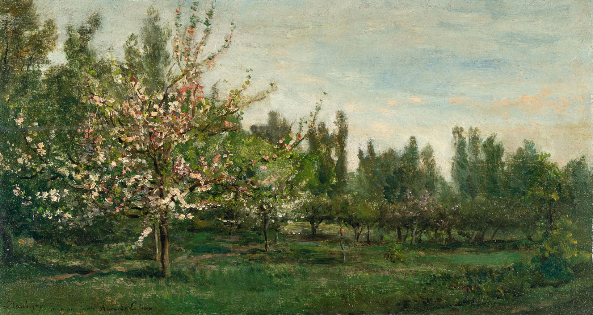 Charles–François Daubigny (1817 - Paris - 1878) – Orchard in bloom (Le verger).Oil on panel,