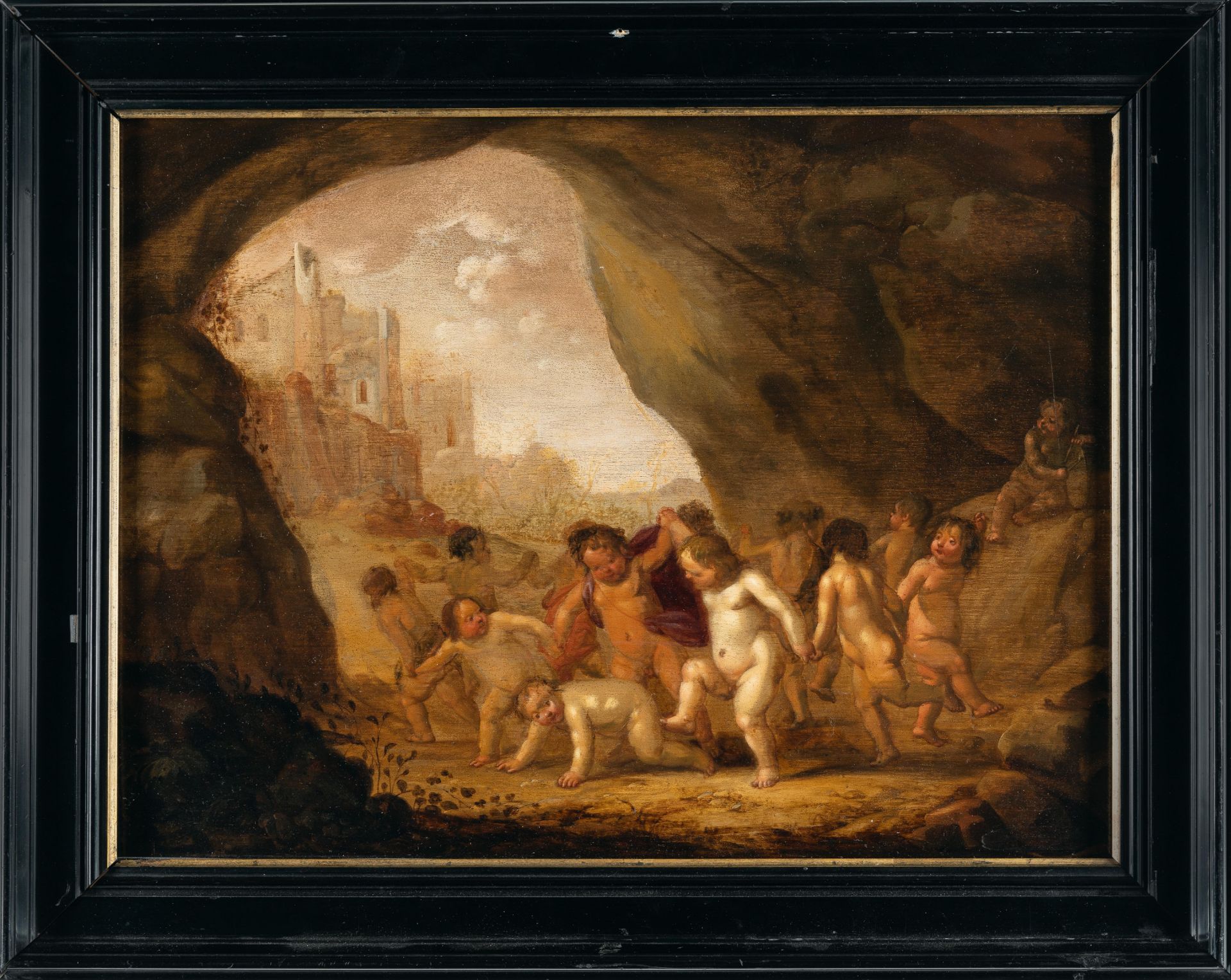 Abraham van Cuylenborch (1620 - Utrecht - 1658) – Putti doing a roundeley in a grotto.Oil on oak, - Image 4 of 4