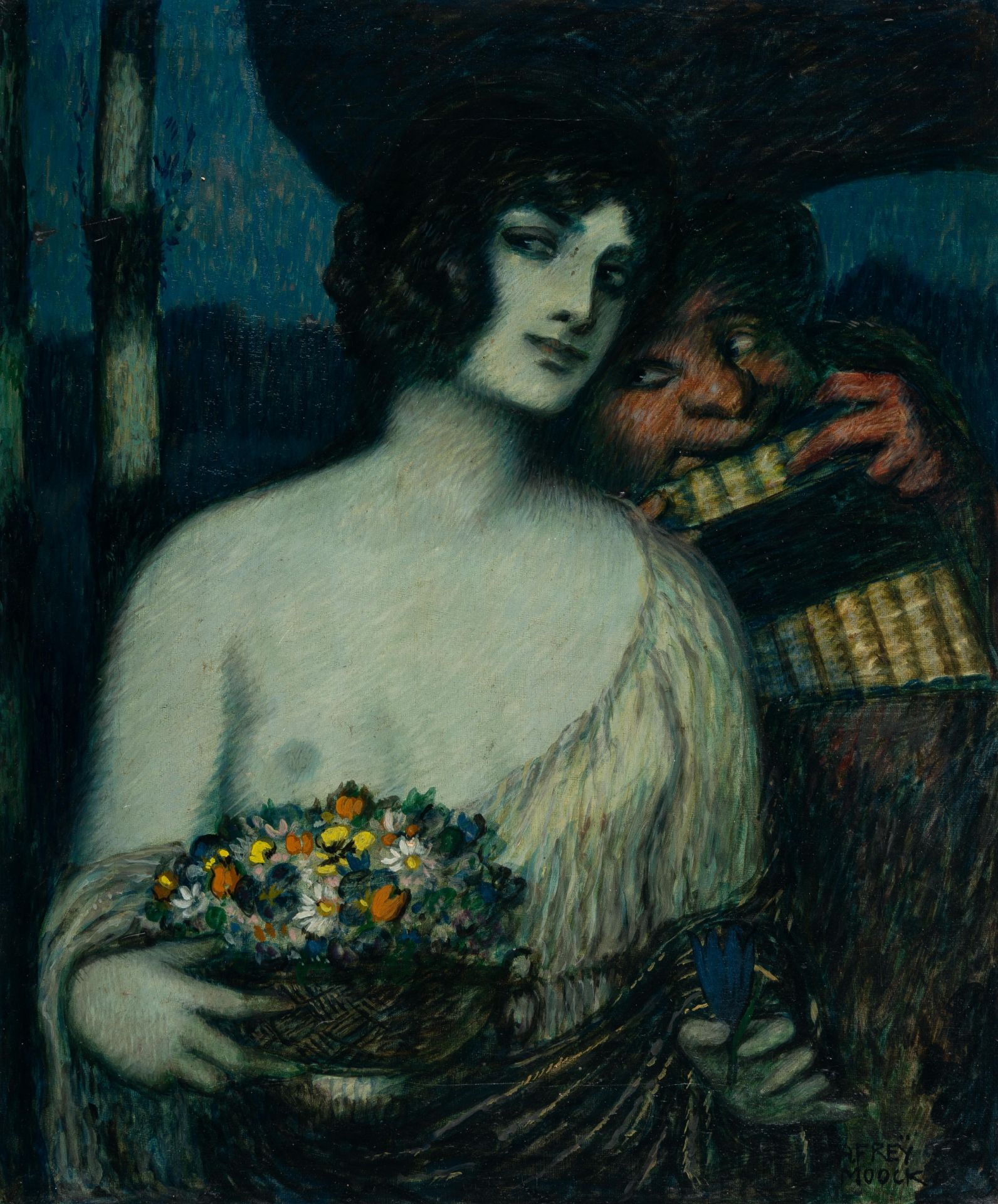 Adolf Frey-Moock (1881 Jona/St. Gallen – Steinebrunn 1954) – Nymph with fluting Pan.Oil on canvas.