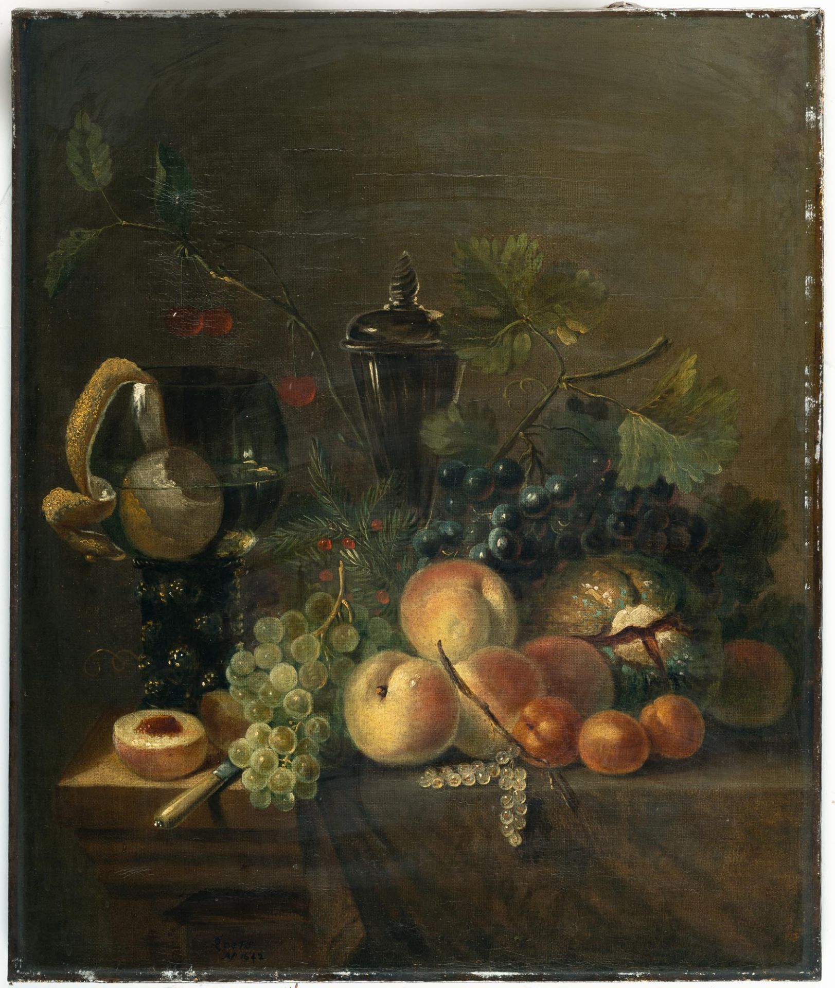 Roelof Koets I (um 1592 – Haarlem – 1654) – Fruit still life with Roemer, peaches and grapes.Oil - Image 2 of 4