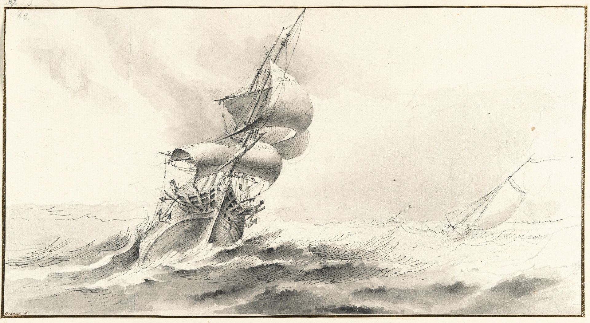 Nicolas-Marie Ozanne (1728 Brest (Finistère) – Paris 1811) – Segelschiffe auf stürmischer See - Bild 2 aus 3