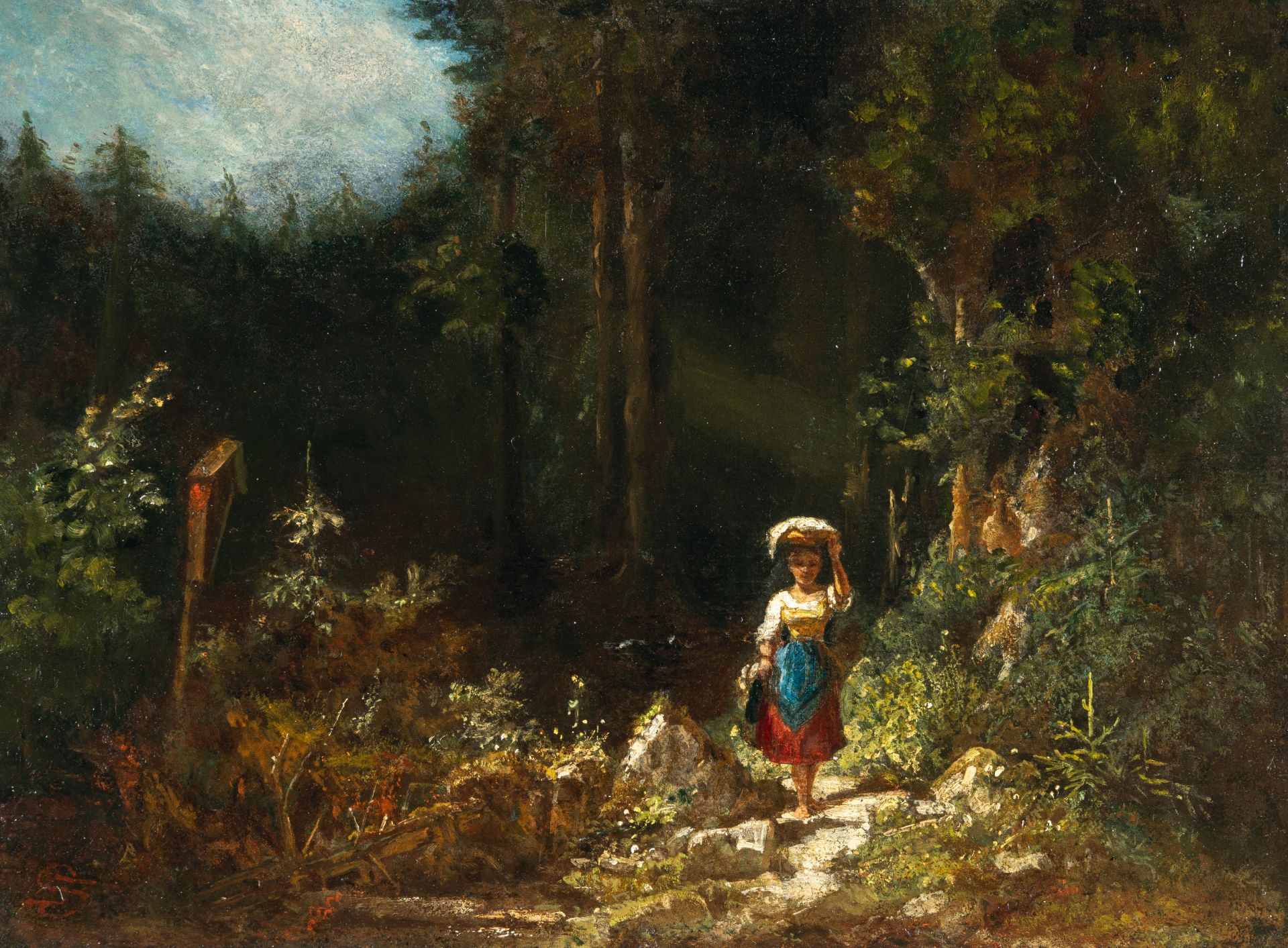 Carl Spitzweg (1808 - München - 1885) – Mädchen im Walde (Schattiges Waldtal – Sennerin mit Kopflast