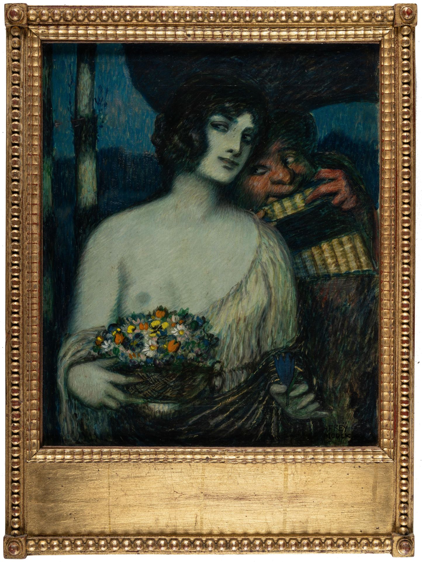 Adolf Frey-Moock (1881 Jona/St. Gallen – Steinebrunn 1954) – Nymph with fluting Pan.Oil on canvas. - Image 4 of 4