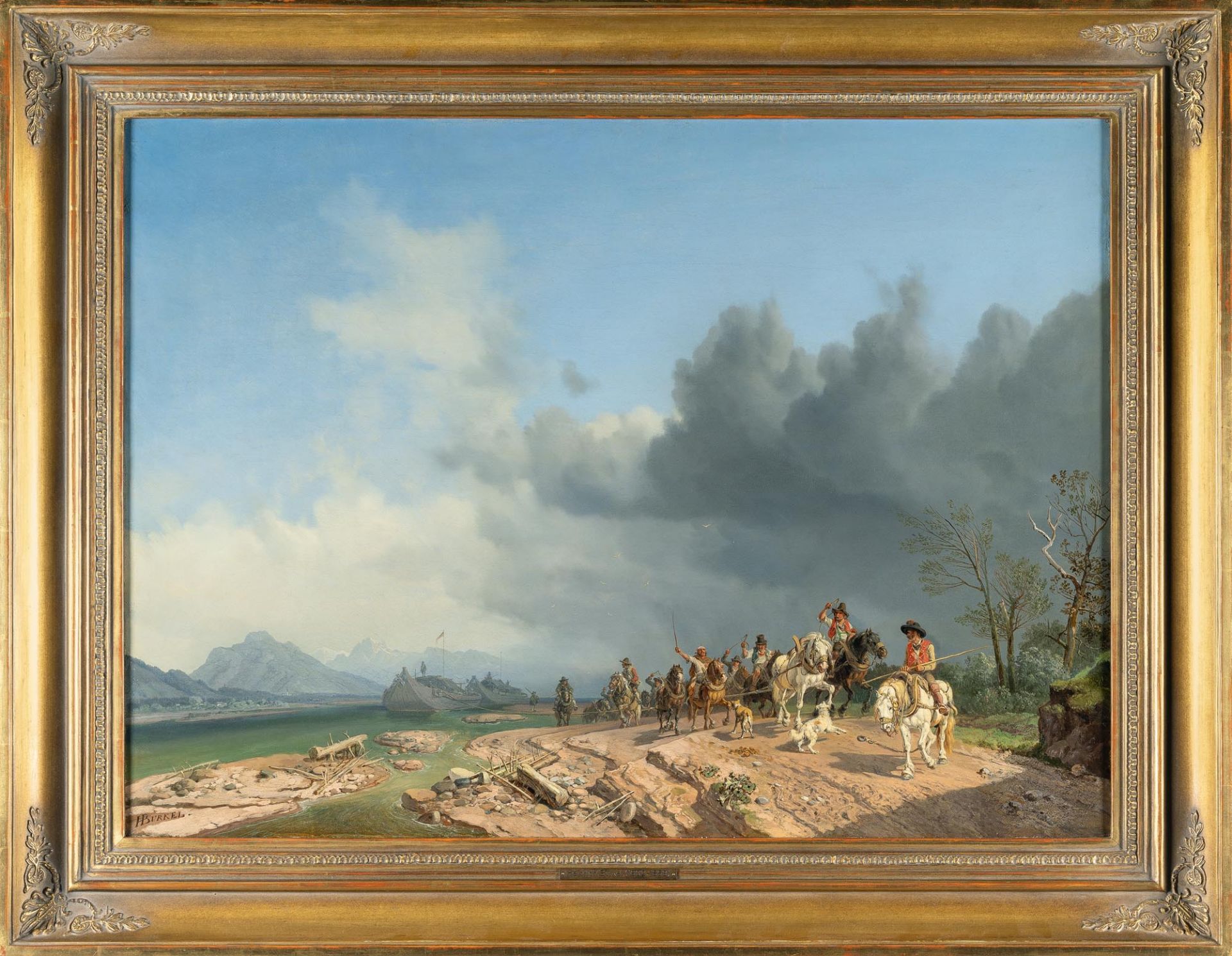 Heinrich Bürkel (1802 Pirmasens - München 1869) – Treidler ziehen zwei Schiffe stromaufwärts (am Inn - Bild 4 aus 4