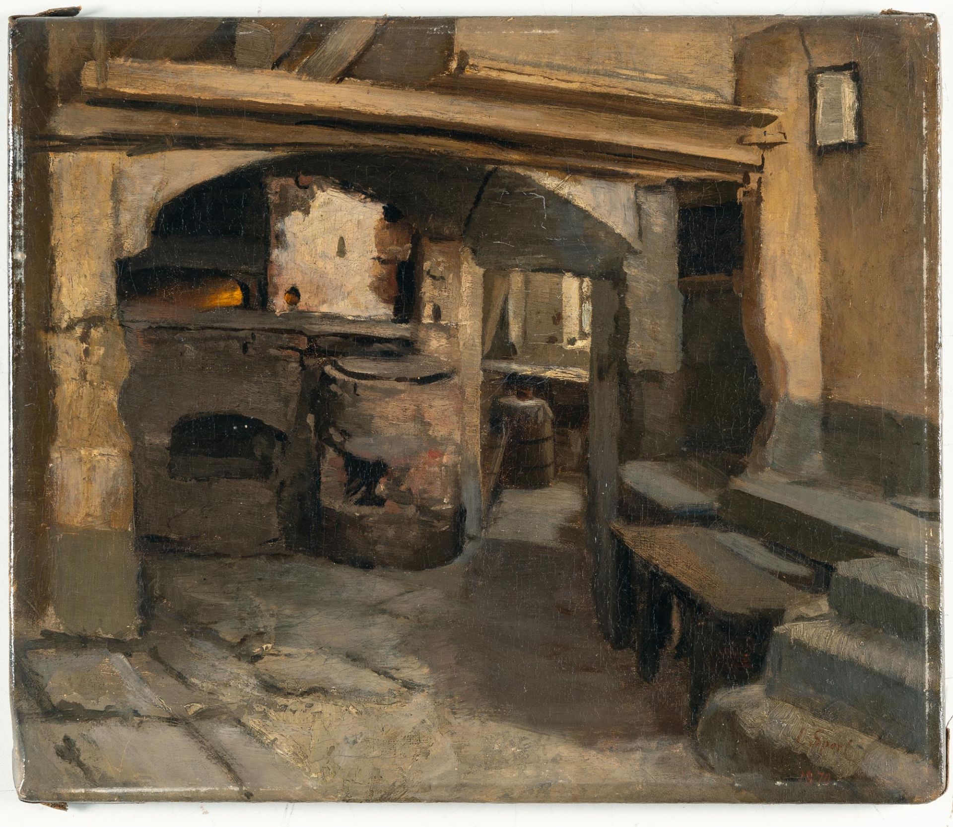 Johann Sperl (1840 Buch bei Fürth - 1914 Bad Aibling) – Interior of a village smithy.Oil on - Image 2 of 4