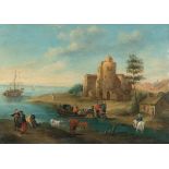 Theobald Michau (1676 Tournai - Antwerpen 1765) – Küstenlandschaft mit Fährboot und Staffagefiguren