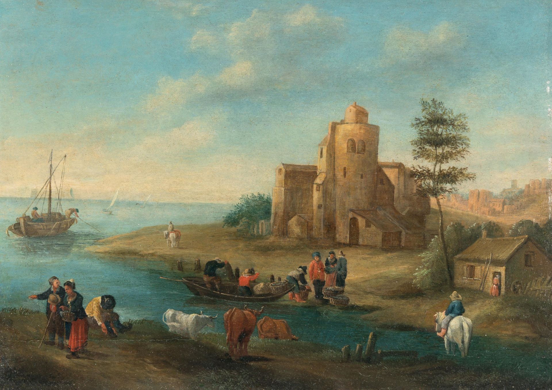 Theobald Michau (1676 Tournai - Antwerpen 1765) – Küstenlandschaft mit Fährboot und Staffagefiguren