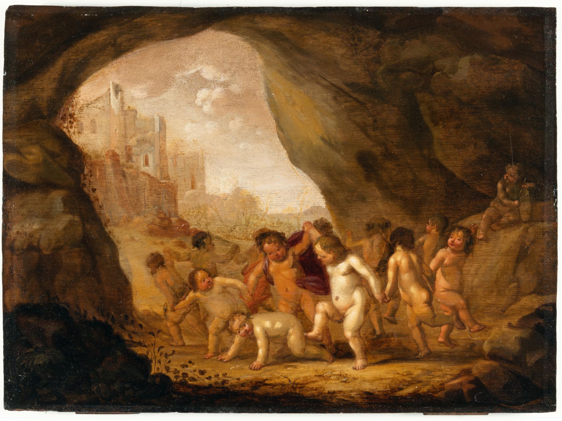 Abraham van Cuylenborch (1620 - Utrecht - 1658) – Putti doing a roundeley in a grotto.Oil on oak, - Image 2 of 4