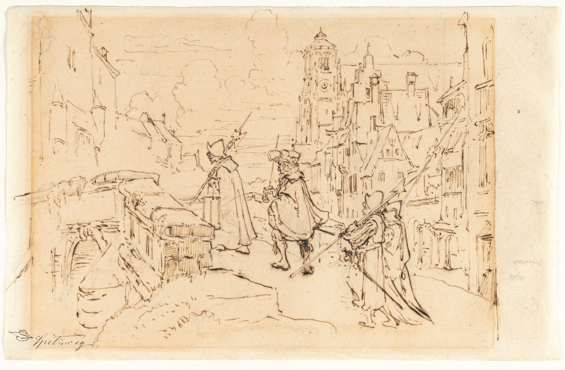Carl Spitzweg (1808 - München - 1885) – Guards crossing a bridge.Brown pen over pencil on thin - Image 2 of 3