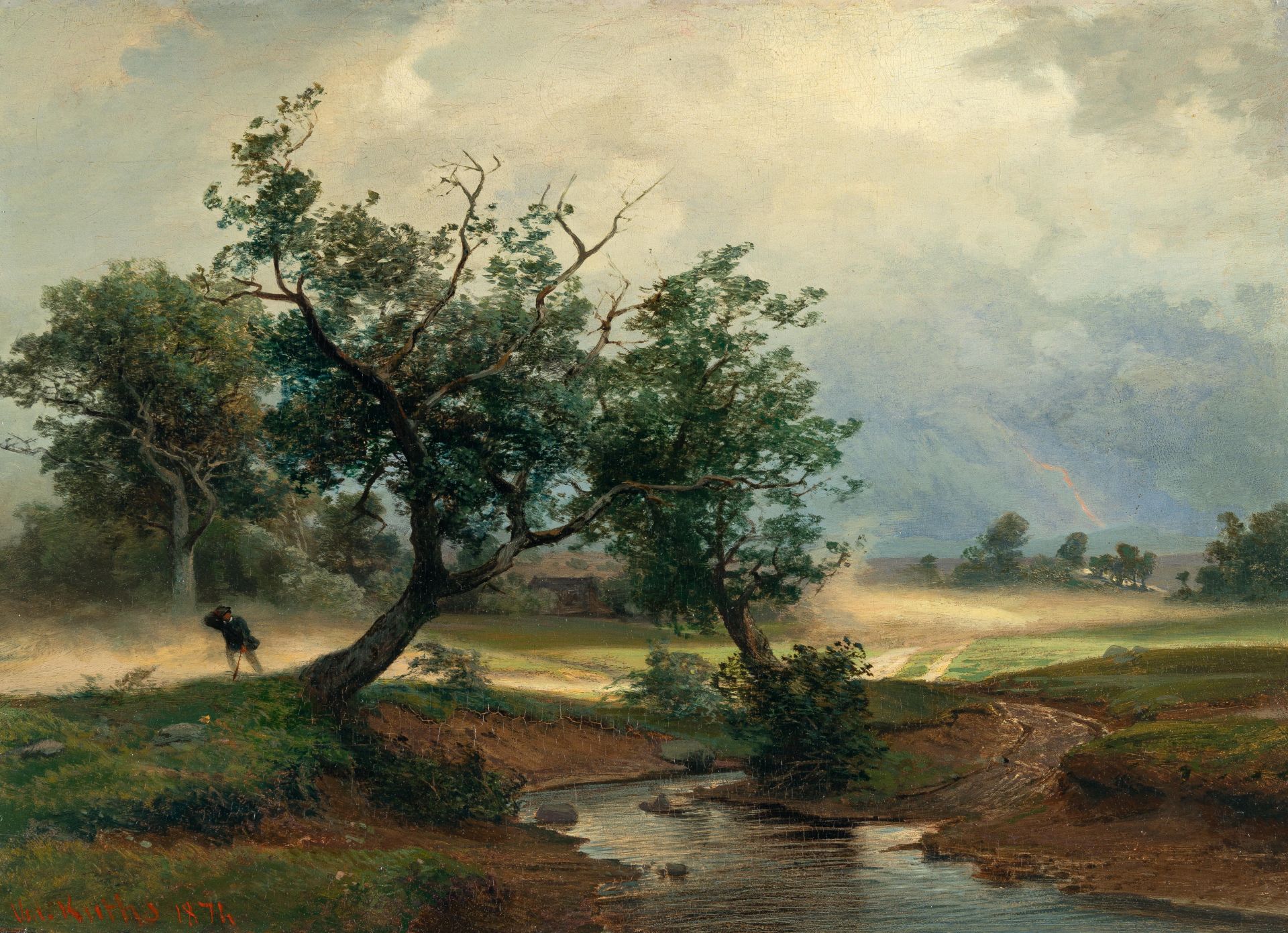 Valentin Ruths (1825 - Hamburg - 1905) – Landscape with approaching thunderstorm.Oil on panel. 1874.