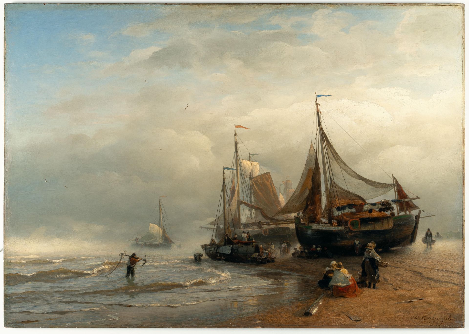 Andreas Achenbach (1815 Kassel - Düsseldorf 1910) – Unloading the fishing boats on the Dutch shore. - Image 2 of 4