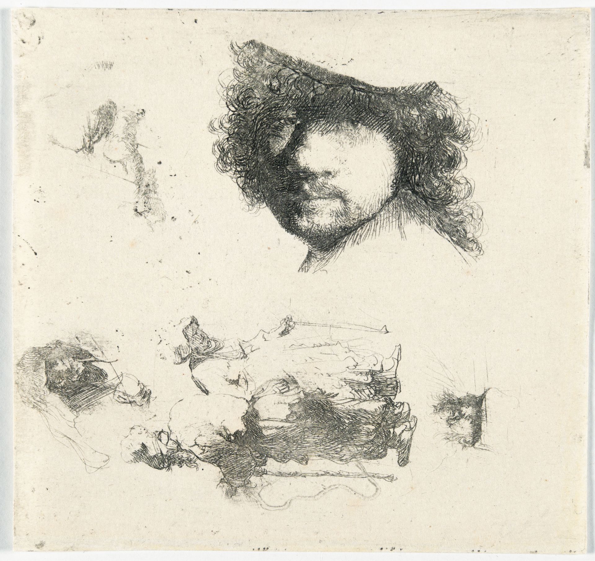 Rembrandt Harmensz. van Rijn – Studienblatt mit Kopf des Künstlers, einem Bettlerpaar, Kopf eines al - Bild 2 aus 3