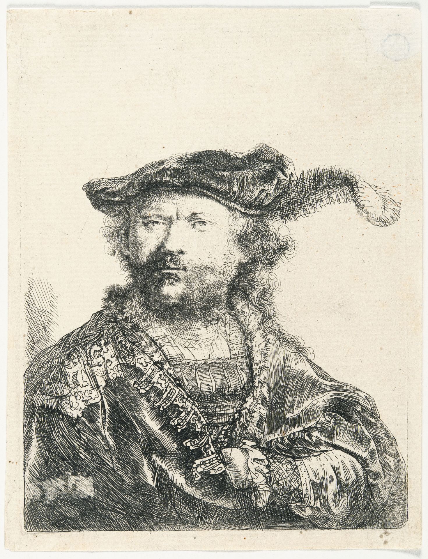 Rembrandt Harmensz. van Rijn – Selbstbildnis mit dem federgeschmückten Barett - Bild 2 aus 3