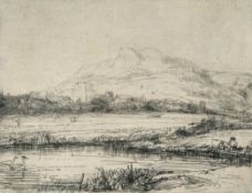 Rembrandt Harmensz. van Rijn – Kanal mit einem Angler und zwei Schwänen