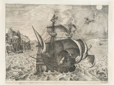 Nach Pieter Bruegel D. Ä. – Bewaffneter Dreimaster mit Dädalus und dem stürzenden Ikarus