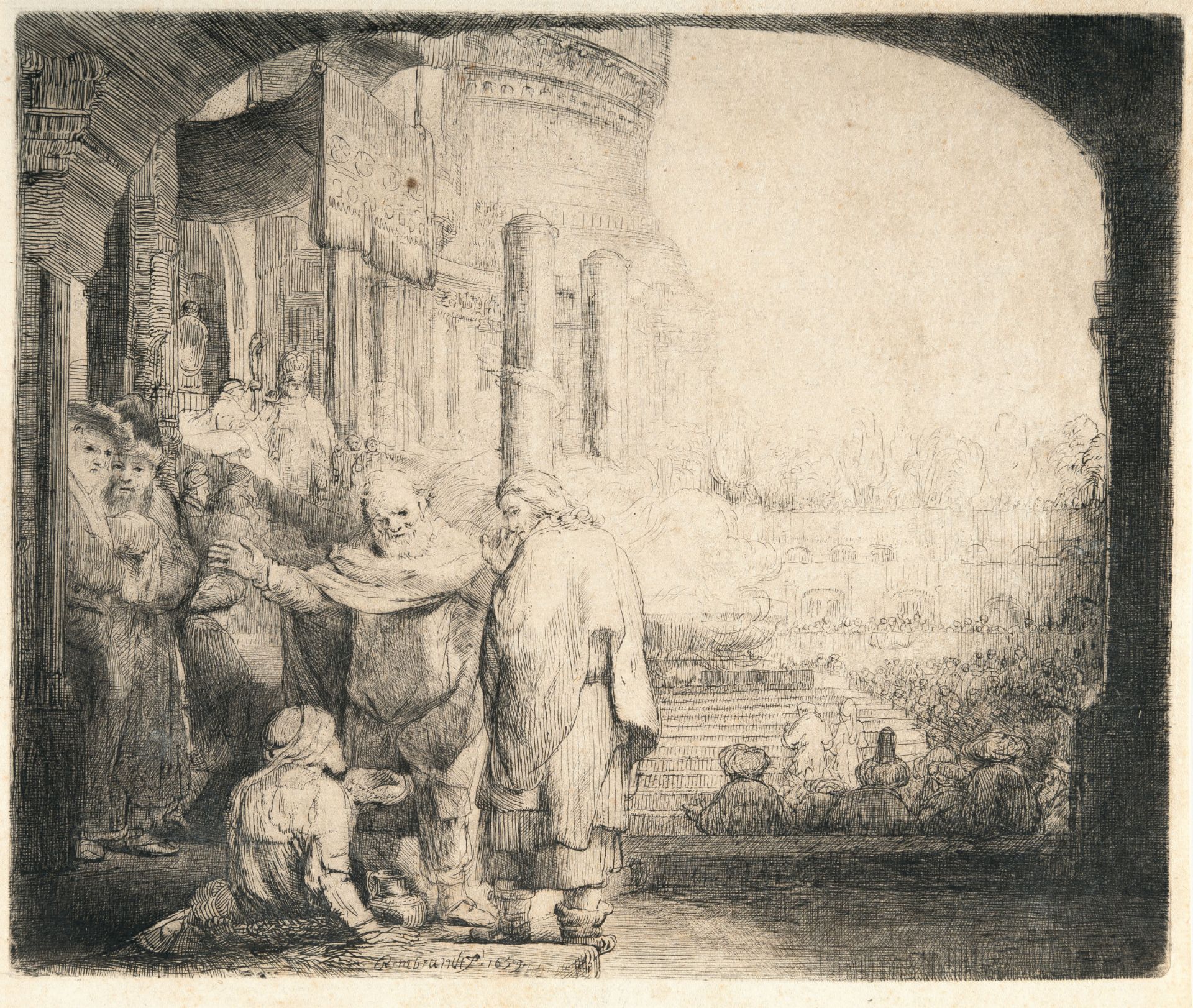 Rembrandt Harmensz. van Rijn – Petrus und Johannes heilen den Lahmen an der Pforte des Tempels