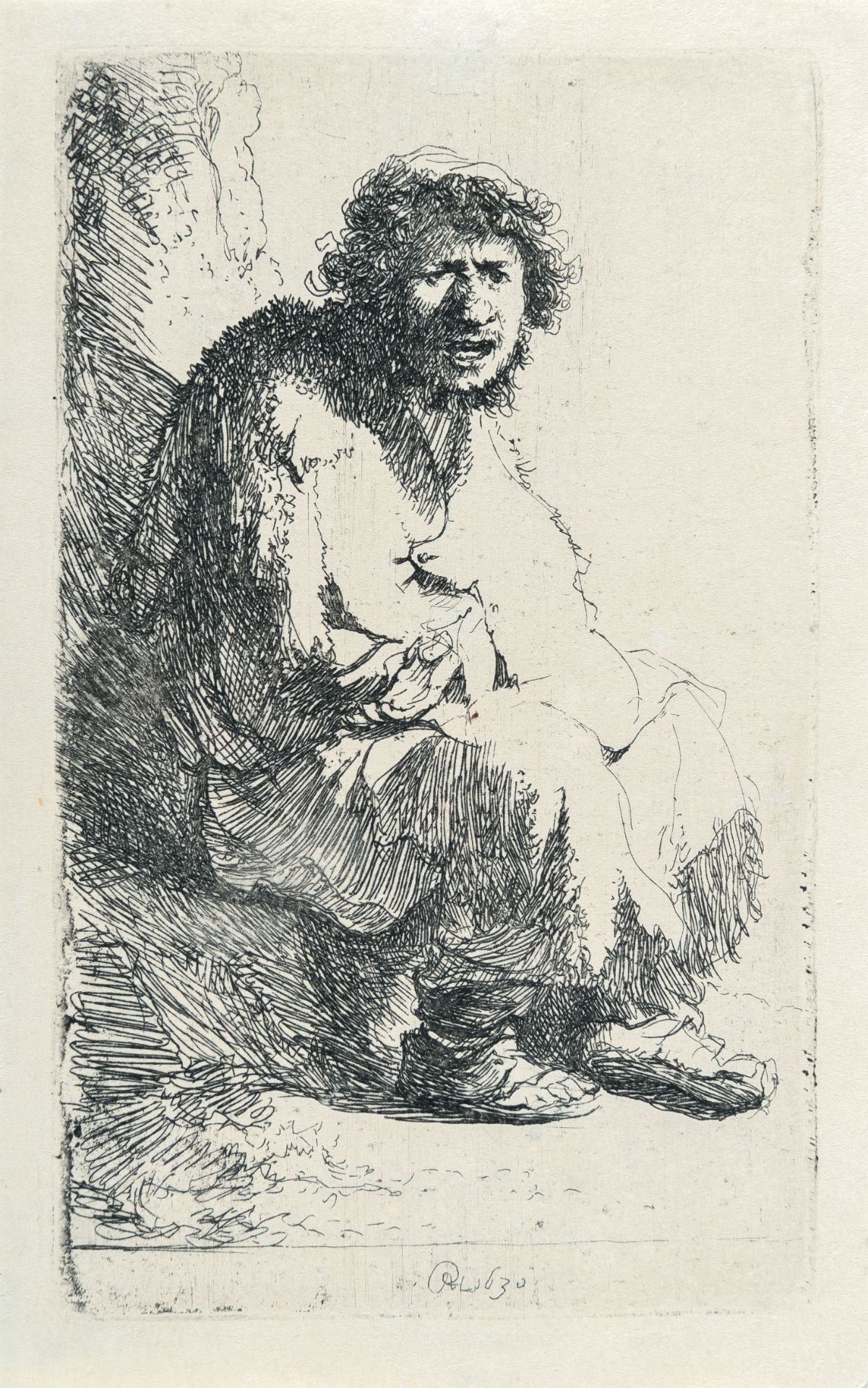 Rembrandt Harmensz. van Rijn – Auf einem Erdhügel sitzender Bettler