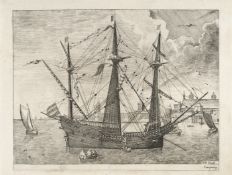 Nach Pieter Bruegel D. Ä. – Bewaffneter Dreimaster, bei einer Hafenstadt vor Anker liegend