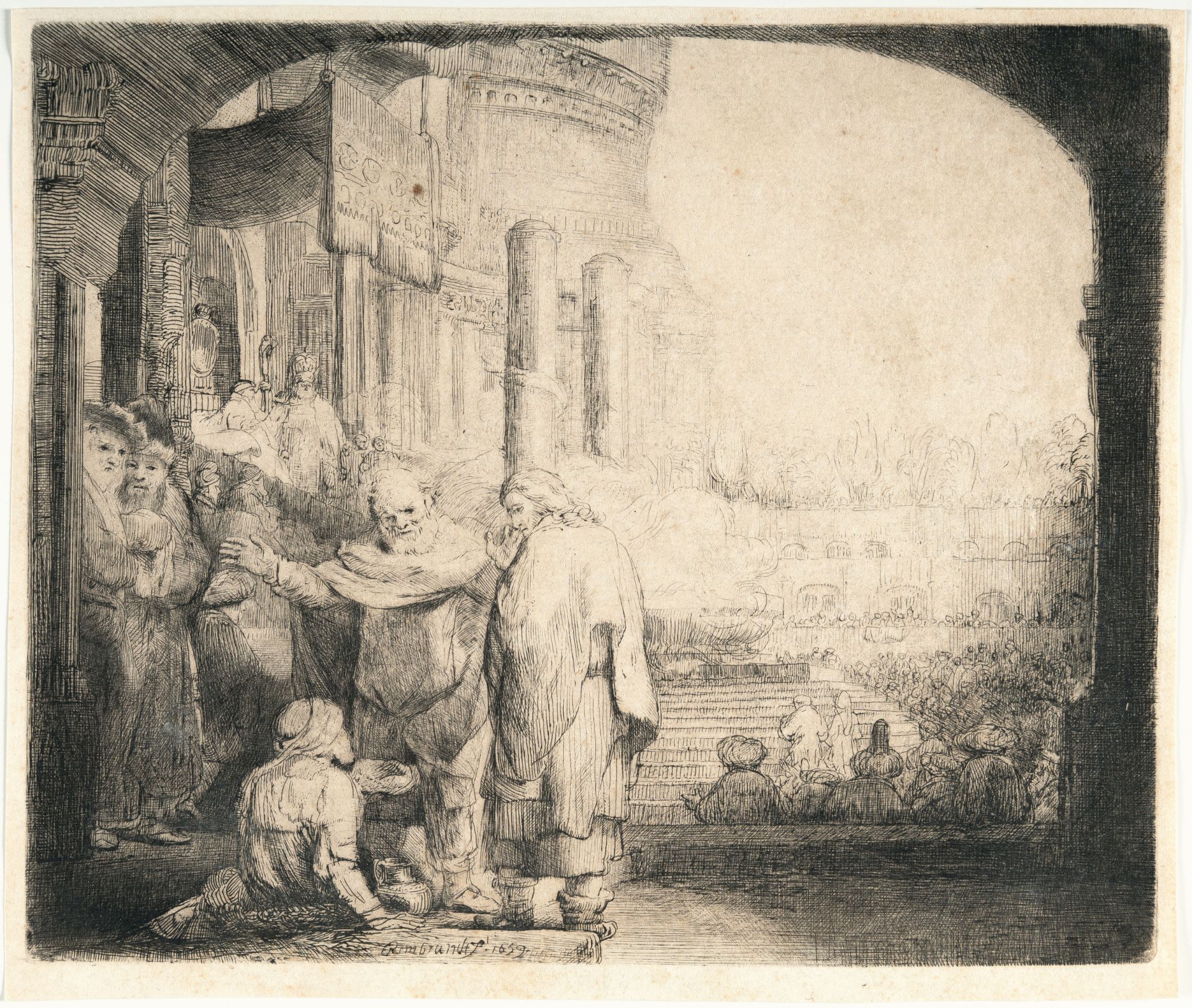 Rembrandt Harmensz. van Rijn – Petrus und Johannes heilen den Lahmen an der Pforte des Tempels - Bild 2 aus 3