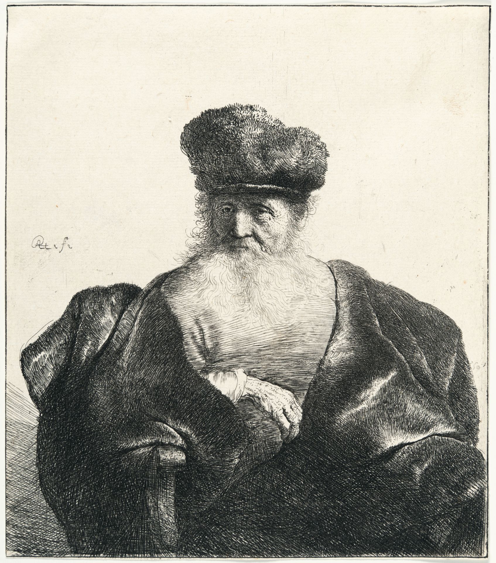Rembrandt Harmensz. van Rijn – Alter Mann mit Bart, Pelzmütze und weitem Samtmantel - Bild 2 aus 3