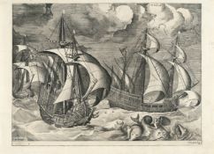 Nach Pieter Bruegel D. Ä. – Drei Schiffe in einem aufziehenden Sturm, mit Arion auf einem Delfin