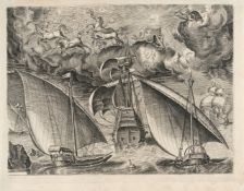 Nach Pieter Bruegel D. Ä. – Zwei Galeeren fahren hinter einem bewaffneten Dreimaster, im Himmel der
