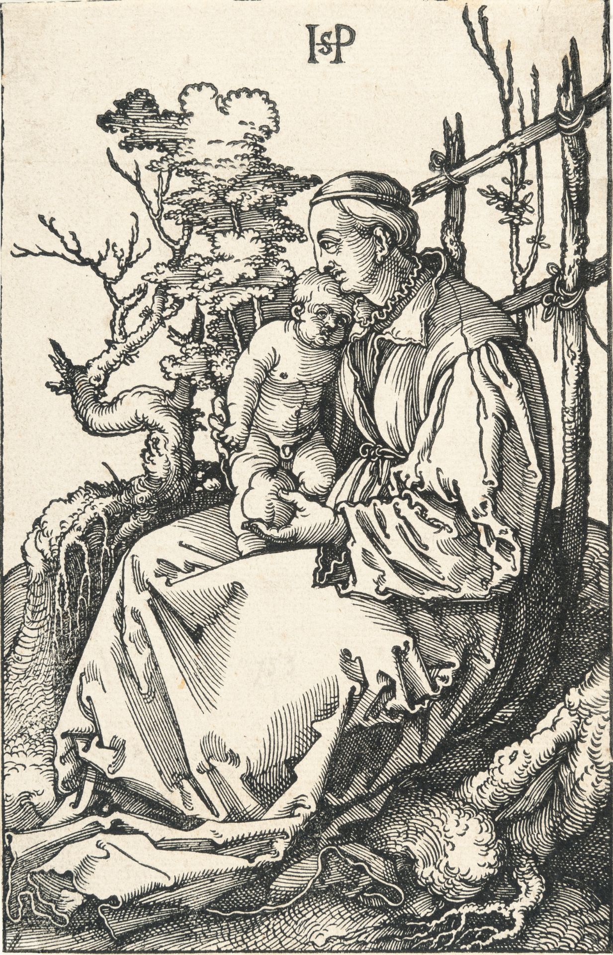 Hans Sebald Beham – Die Jungfrau mit dem Kinde und einer Birne auf einer Rasenbank
