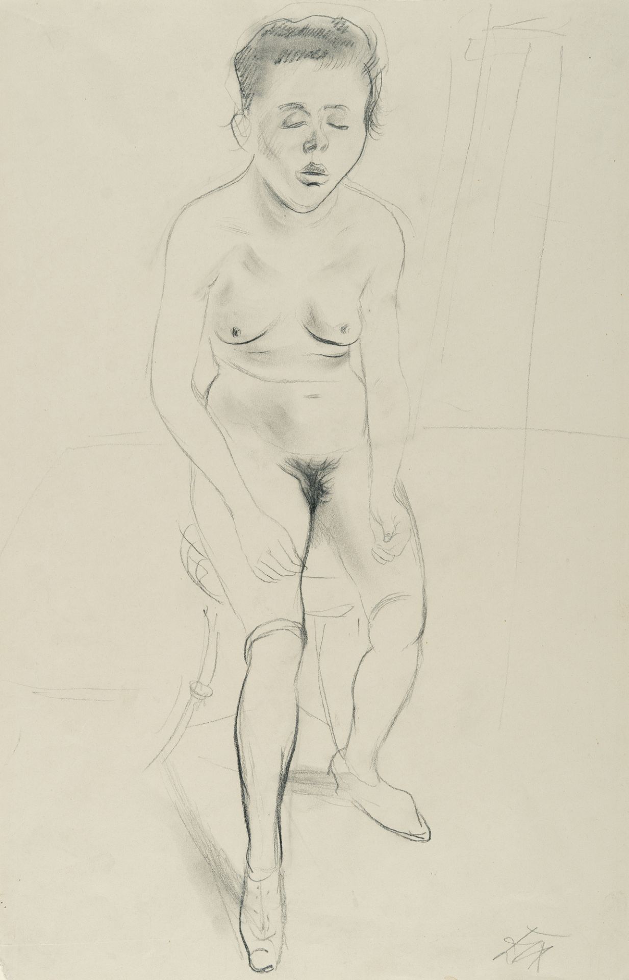 Otto Dix (1891 Untermhaus bei Gera - Singen 1969) – Female nude in a chair.Pencil on pale grey wove.