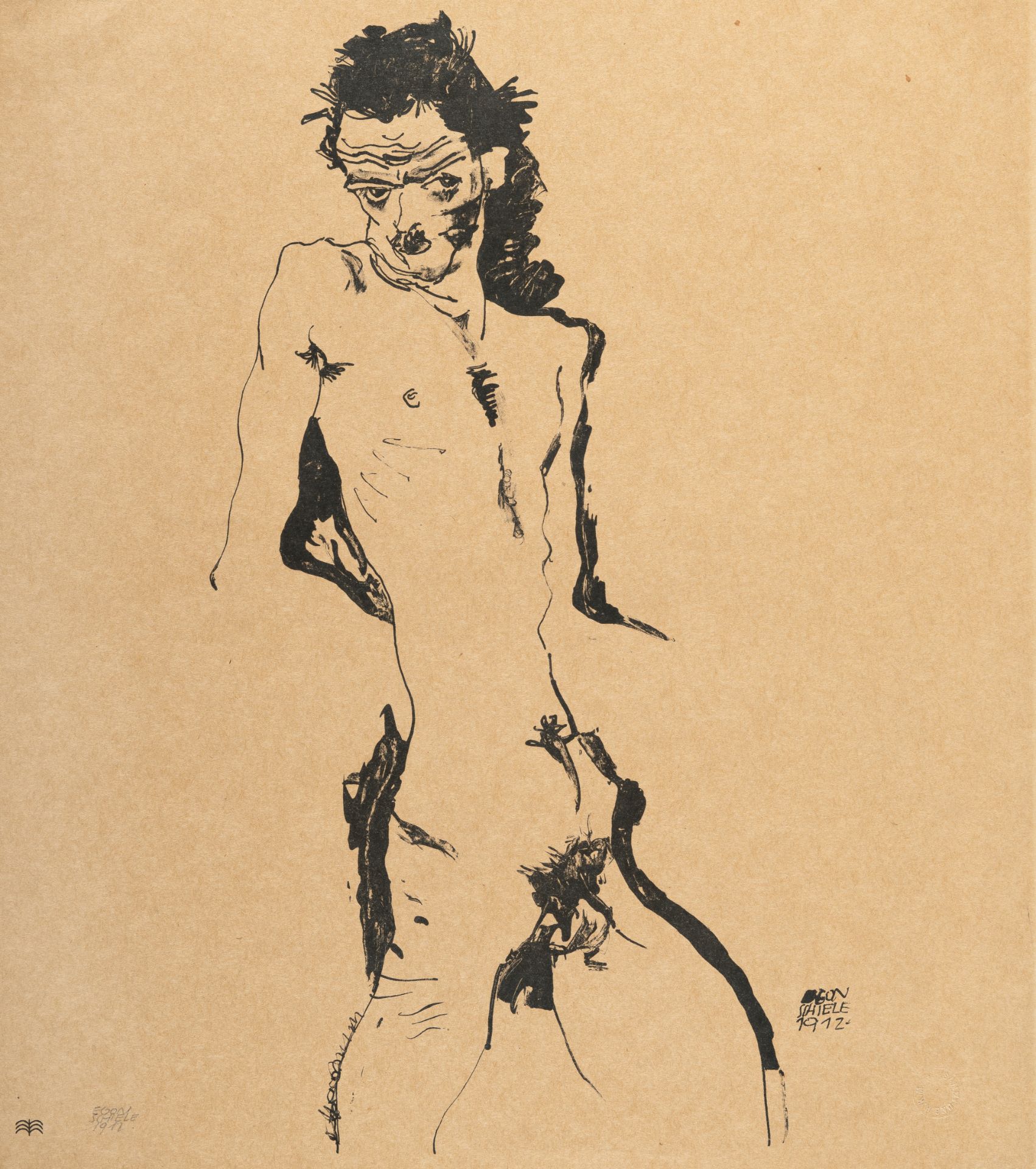 Egon Schiele (1890 Tulln/Donau - Wien 1918) – Male nude (self-portrait) I.Lithograph on brownish