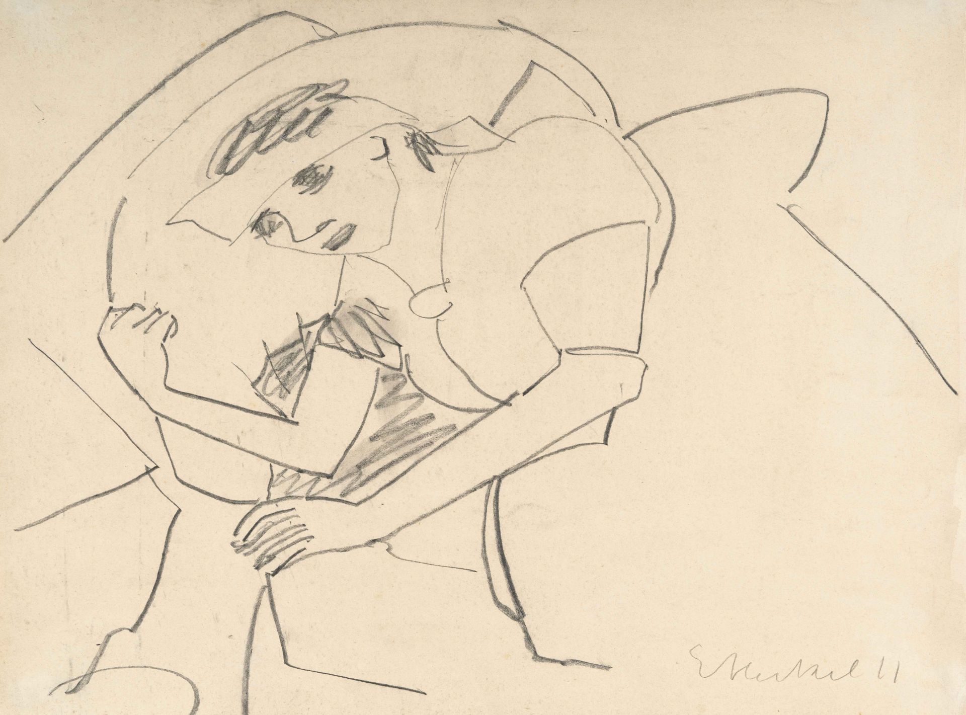 Erich Heckel (1883 Döbeln/Sachsen - Radolfzell 1970) – Reclining woman /sick woman.Chalk on slightly