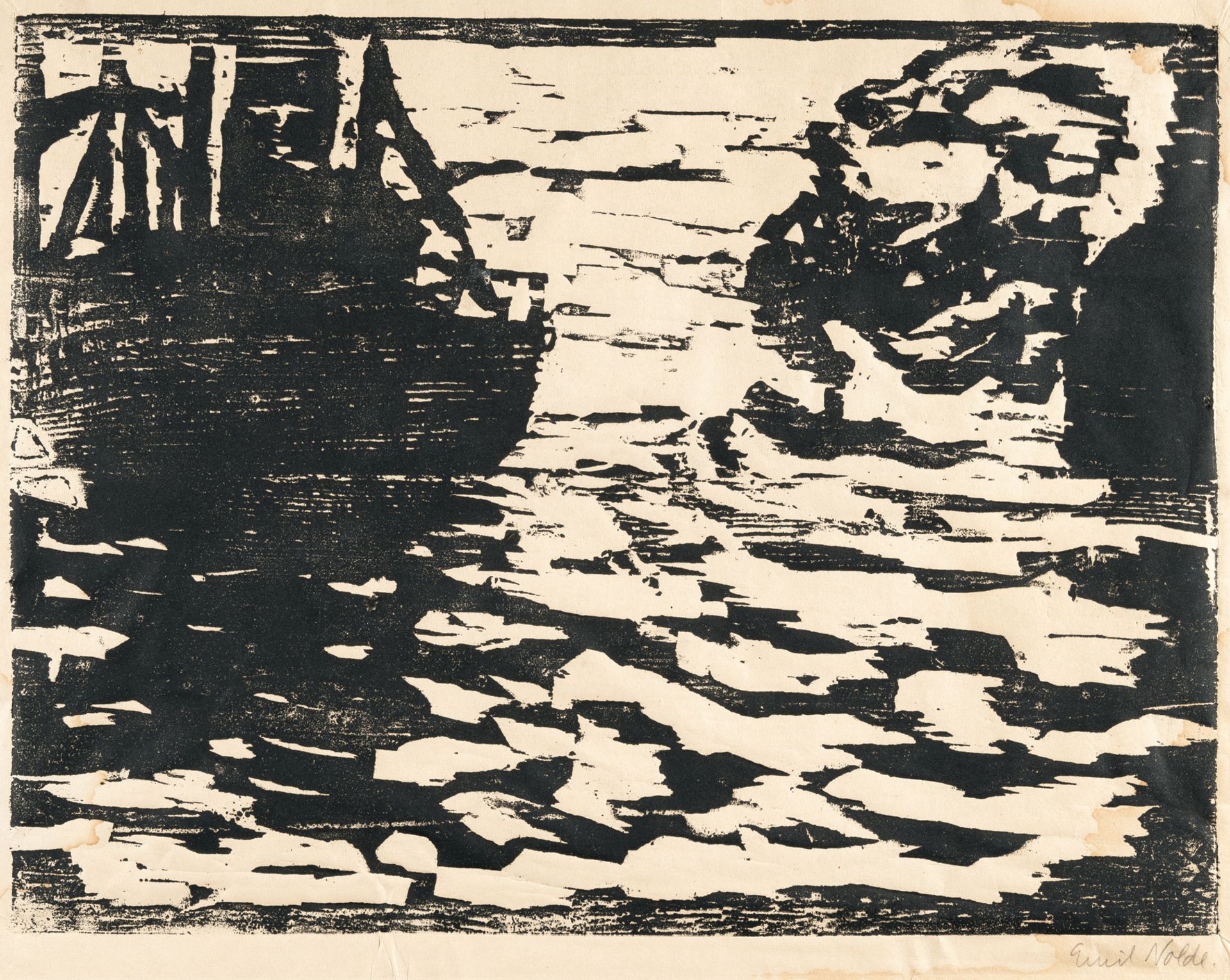 Emil Nolde (1867 Nolde - Seebüll 1956) – Large and small steamer.Woodcut on wove paper. (1910). C.