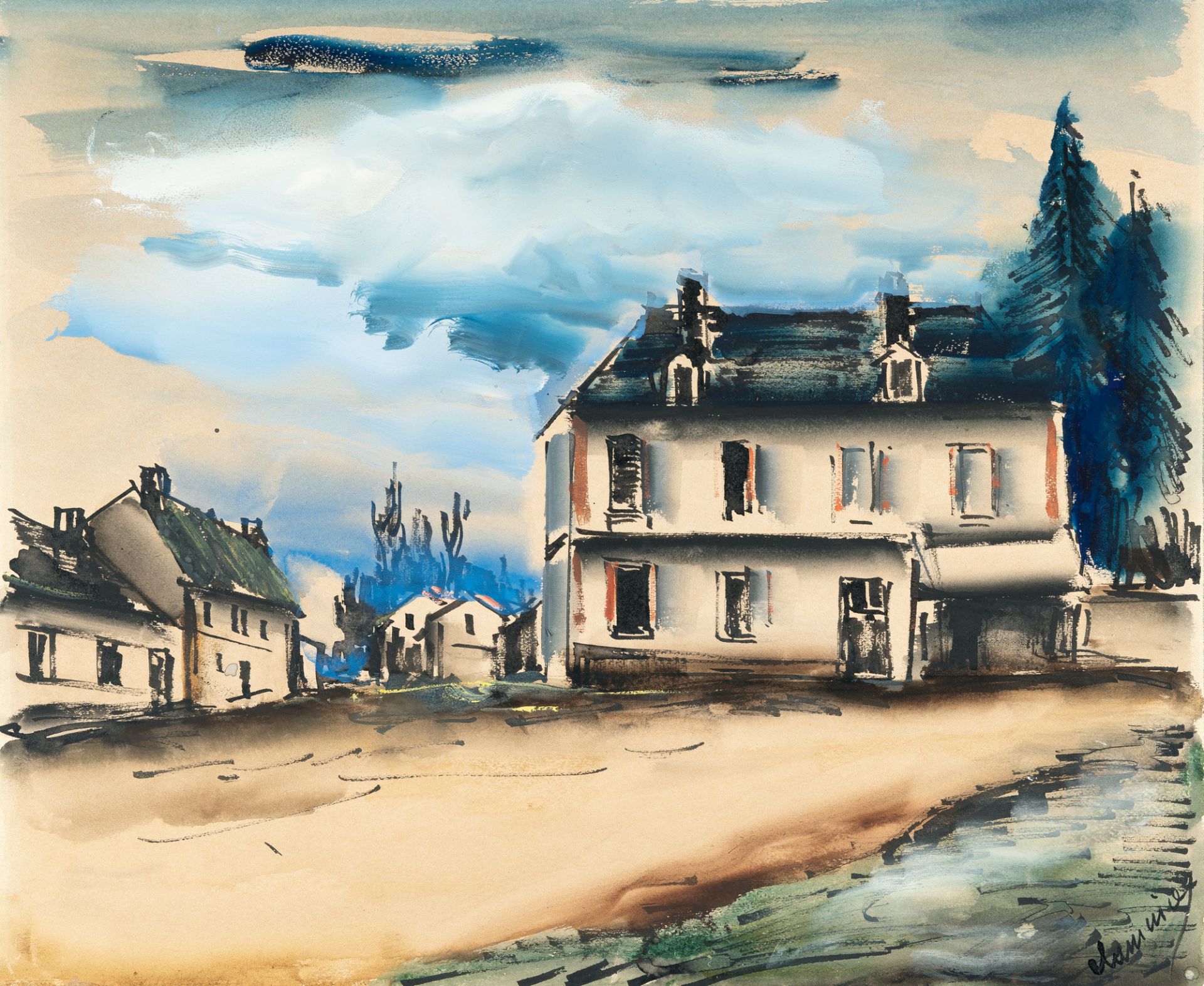 Maurice De Vlaminck (1876 Paris - Rueil-la-Gadelière 1958) – Rue de Village.Watercolour, gouache and