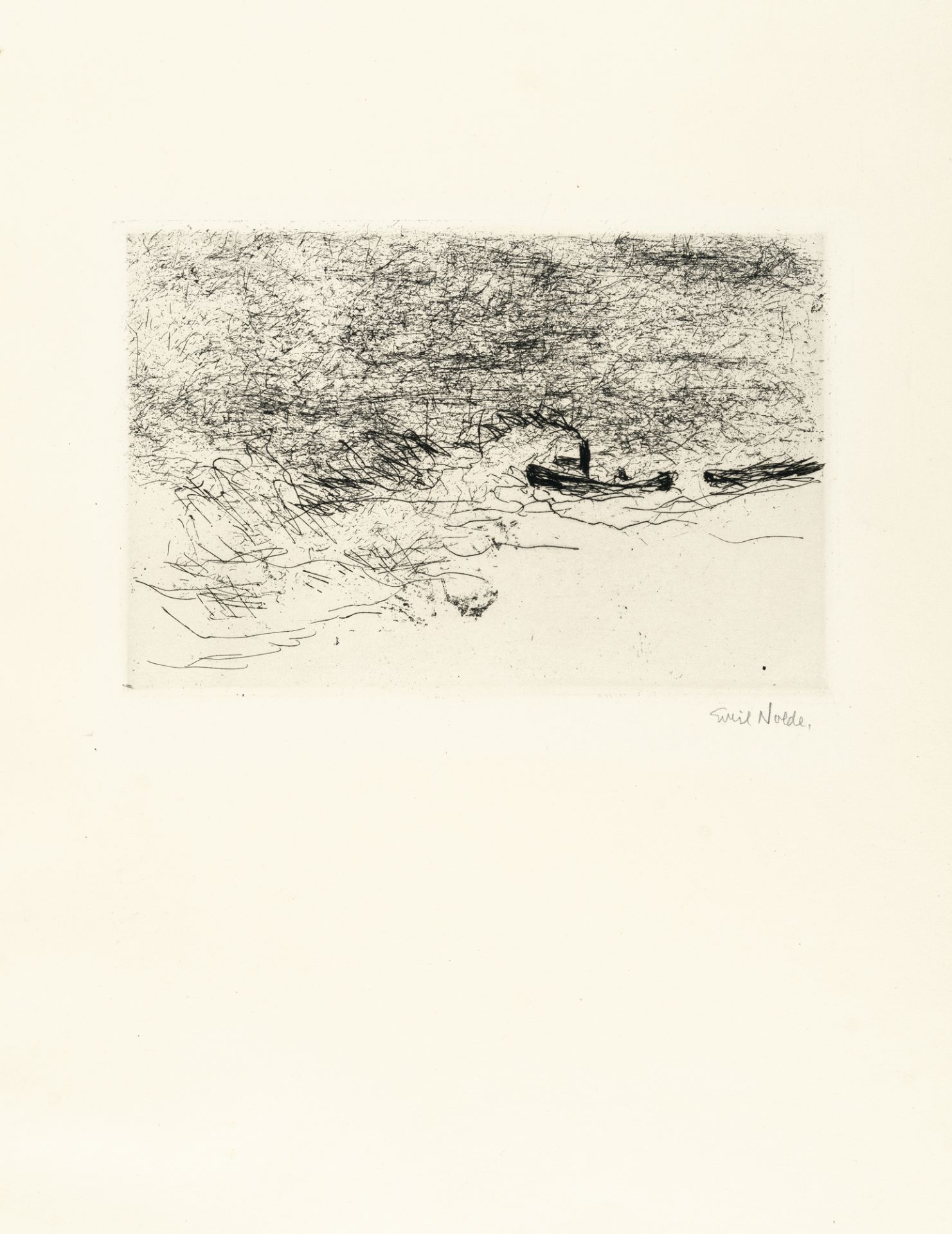 Emil Nolde (1867 Nolde - Seebüll 1956) – Tugboat.Etching with drypoint and finely printed with