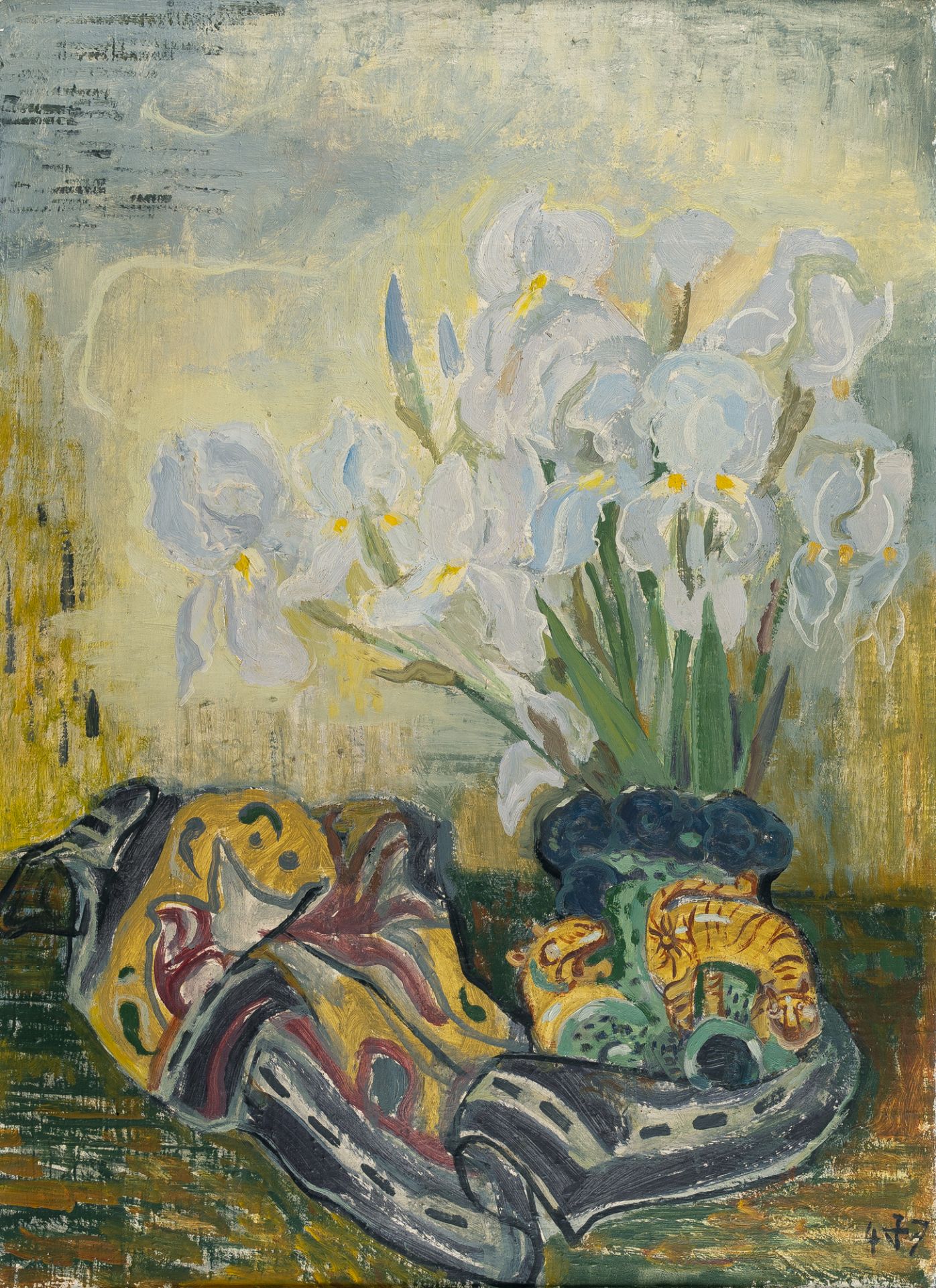 Otto Dix (1891 Untermhaus bei Gera - Singen 1969) – White iris with a cloth.Oil on canvas covered