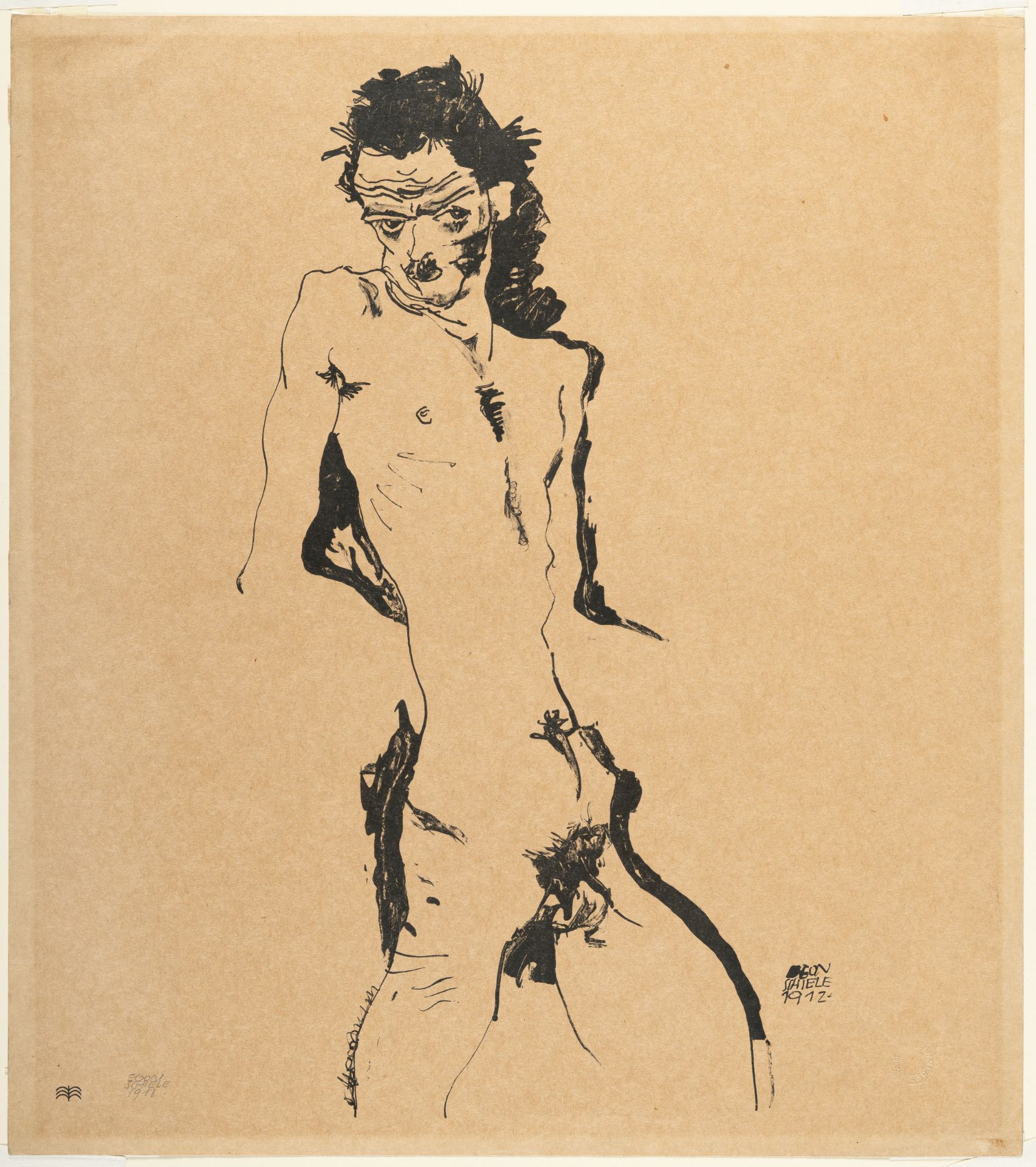 Egon Schiele (1890 Tulln/Donau - Wien 1918) – Male nude (self-portrait) I.Lithograph on brownish - Image 2 of 3