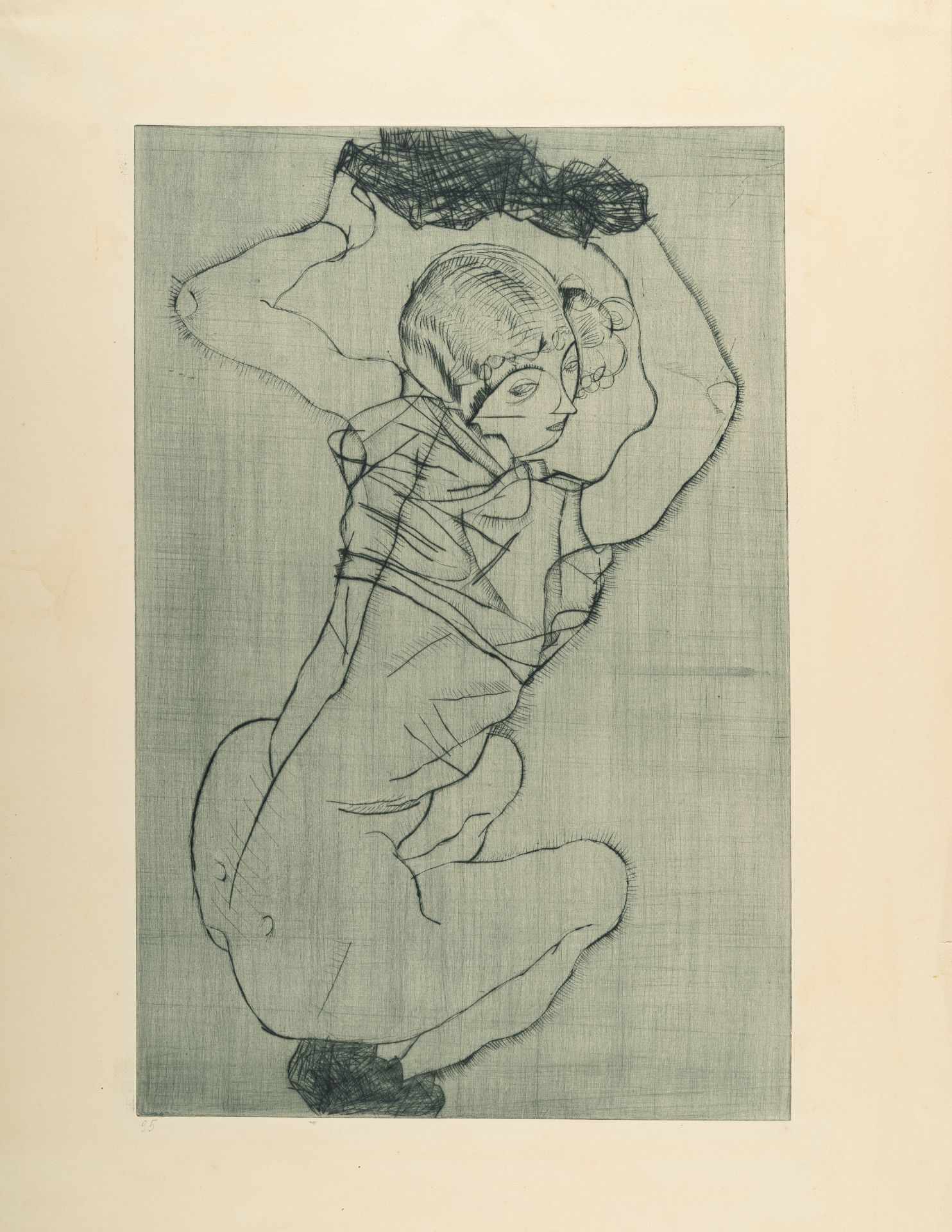 Egon Schiele (1890 Tulln/Donau - Wien 1918) – Crouching.Etching with drypoint in black-green,