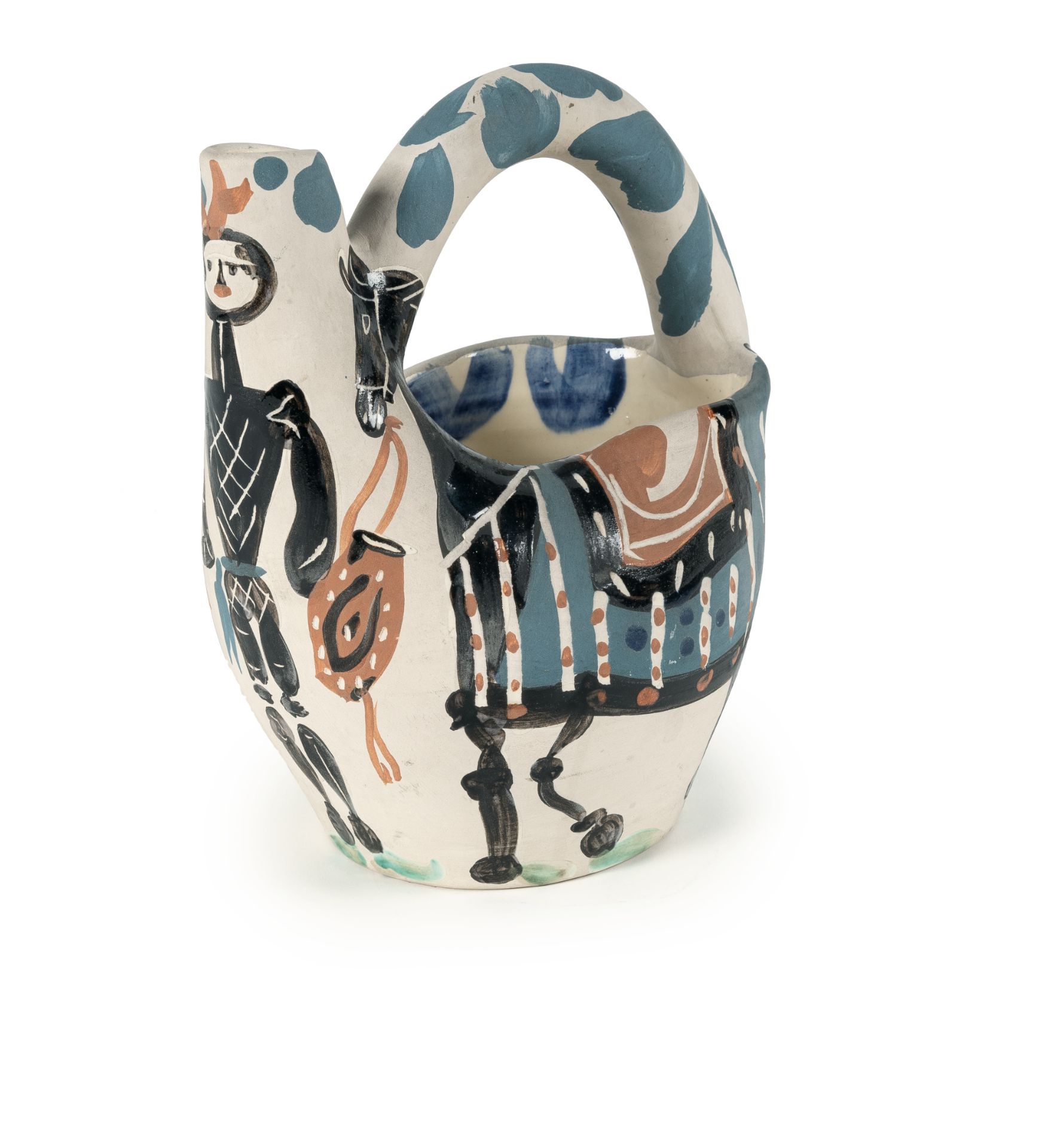 Pablo Picasso (1881 Málaga - Mougins bei Cannes 1973) – Cavalier et cheval.Ceramic jug. White clay