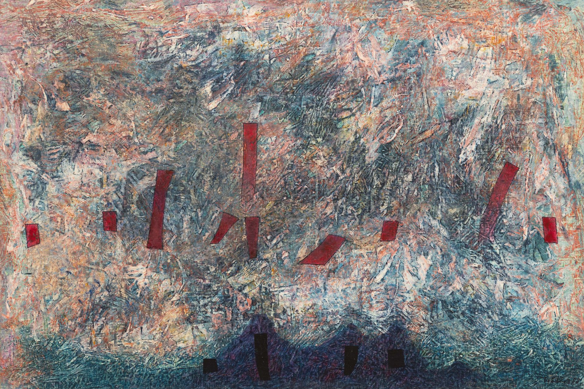 Heinz Trökes (1913 Hamborn - Berlin 1997) – Himalaya.Oil on canvas, on fibreboard. (19)58. C. 98 x