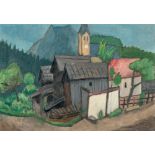 Gabriele Münter (1877 Berlin - Murnau 1962) – Mountain village with church.Oil on cardboard. (