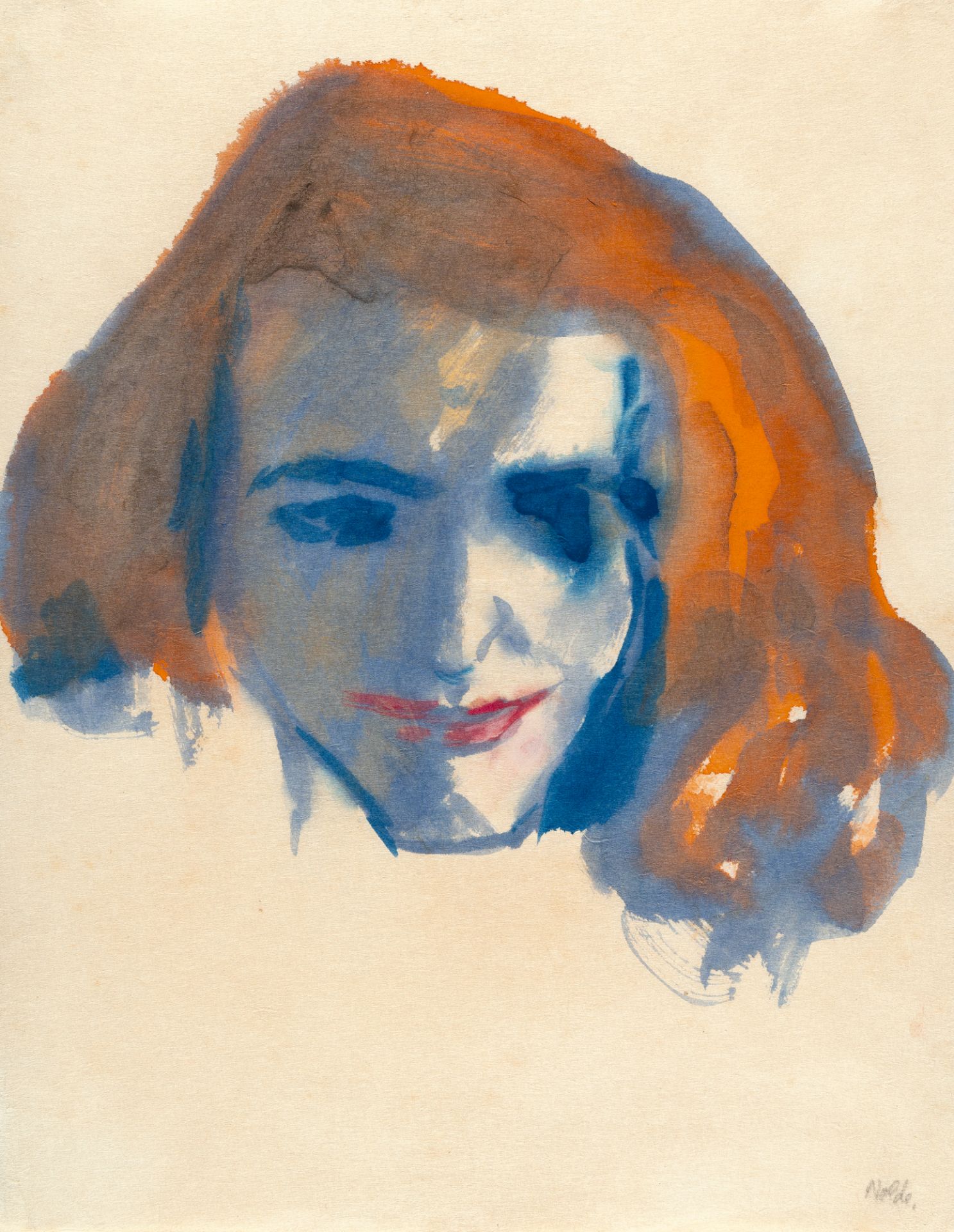 Emil Nolde (1867 Nolde - Seebüll 1956) – Redhead (Stephanie Wiesand).Watercolour on Japon. (1947).