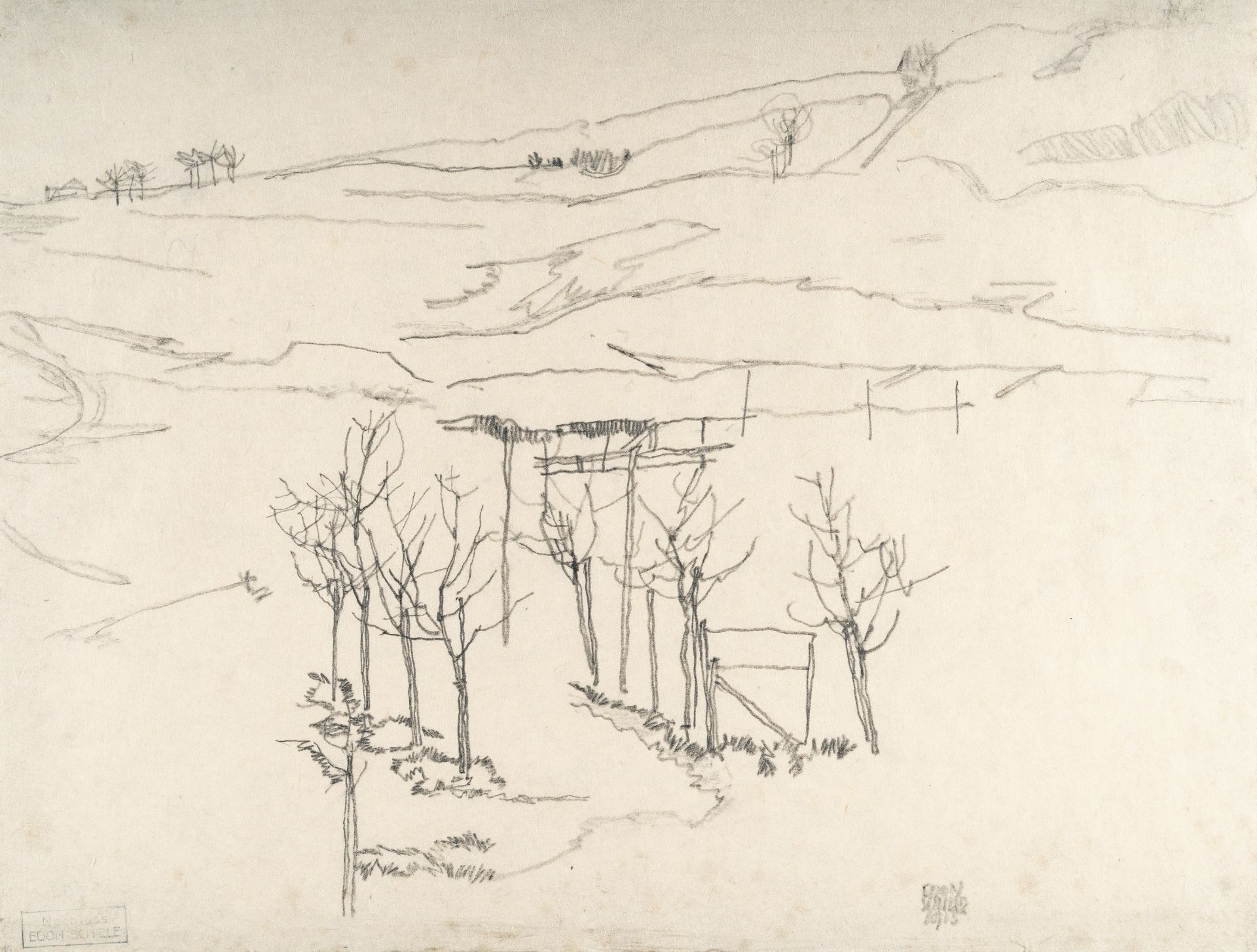 Egon Schiele (1890 Tulln/Donau - Wien 1918) – Landscape.Pencil on fine Japan laid paper. 1915. C. 34