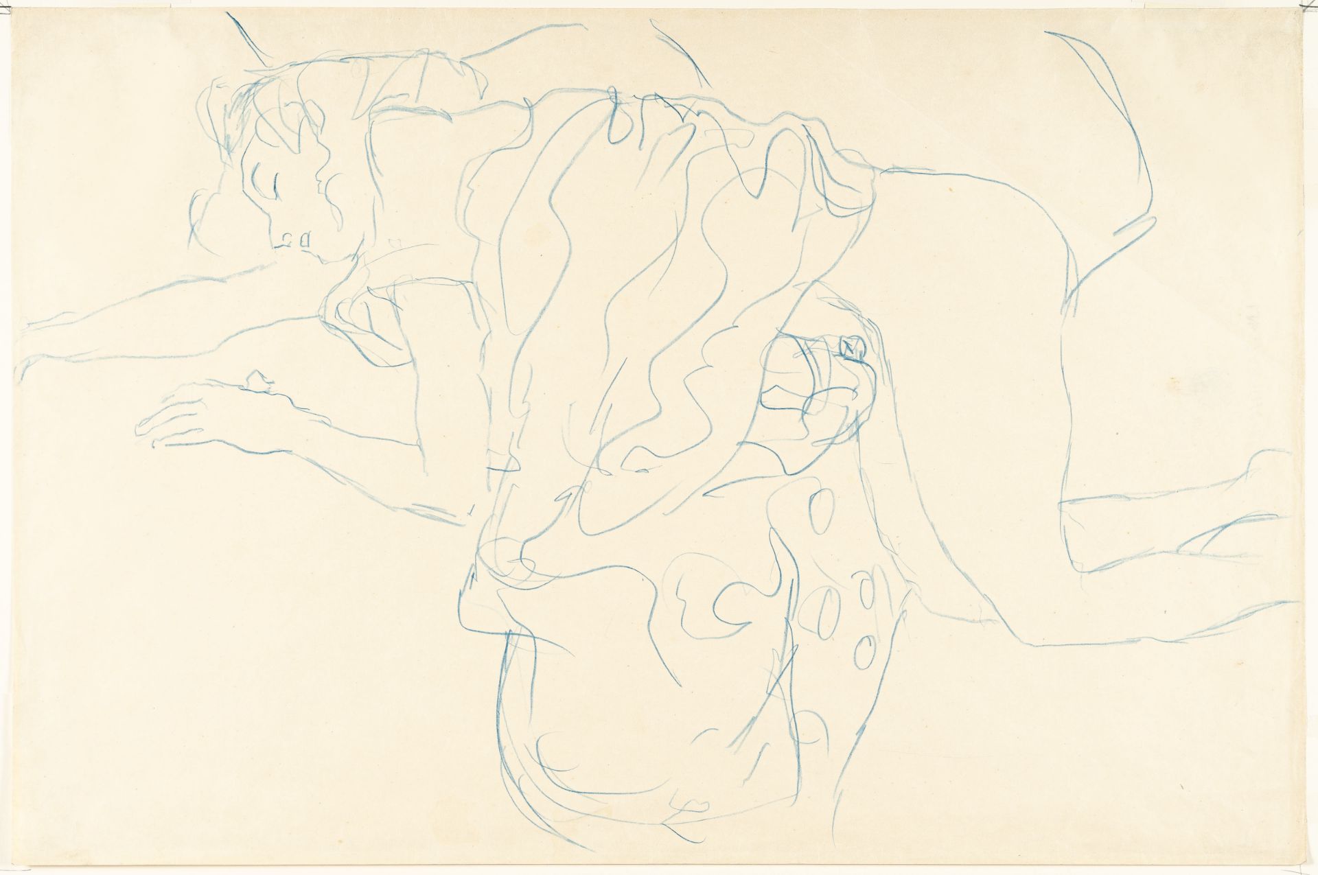 Gustav Klimt (1862 Baumgarten bei Wien - Wien 1918) – Kneeling demi nude facing left.Blue chalk on - Image 2 of 4