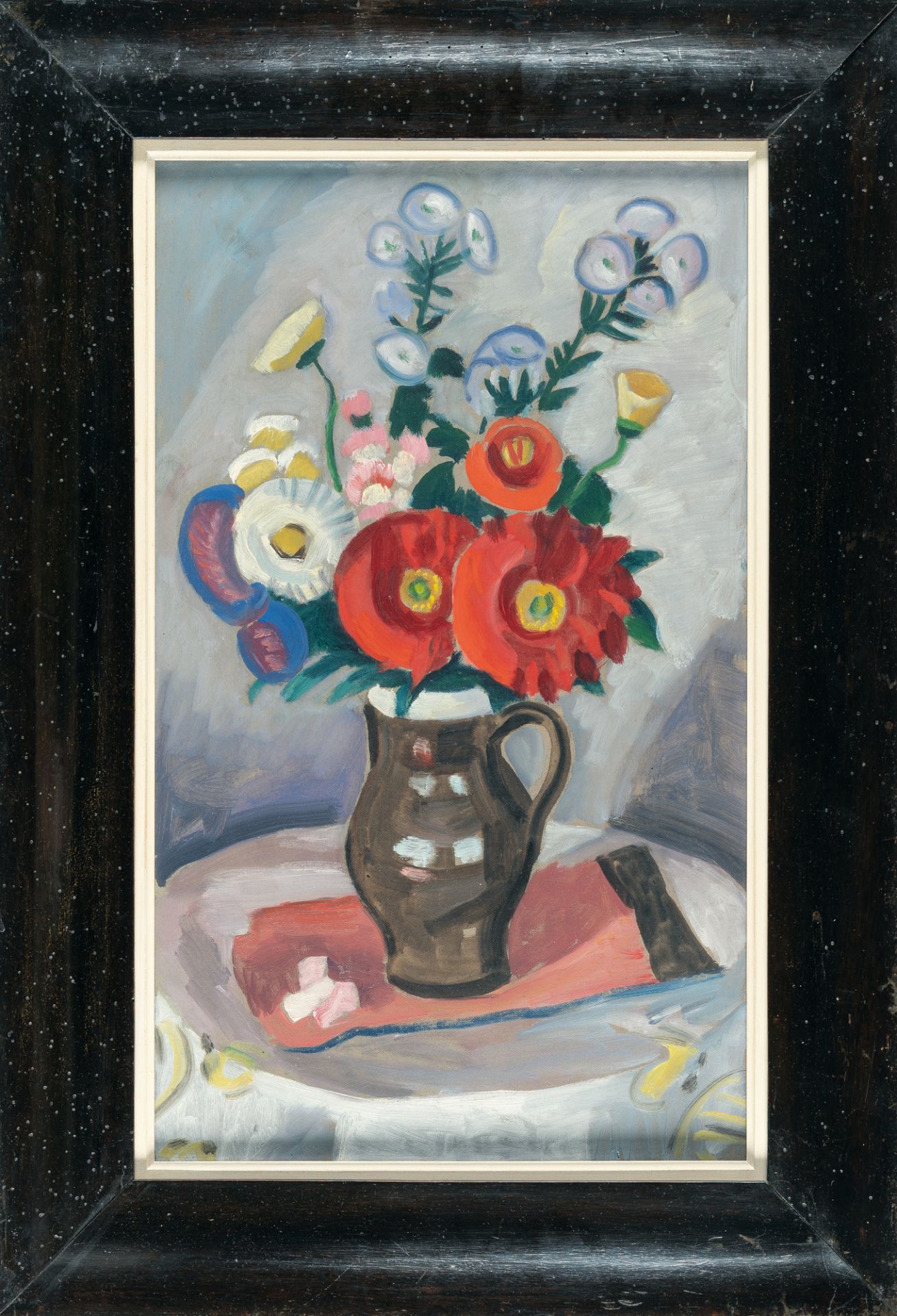 Gabriele Münter (1877 Berlin - Murnau 1962) – Bouquet with dahlias.Oil on cardboard. (1948). C. 55 x - Image 4 of 5