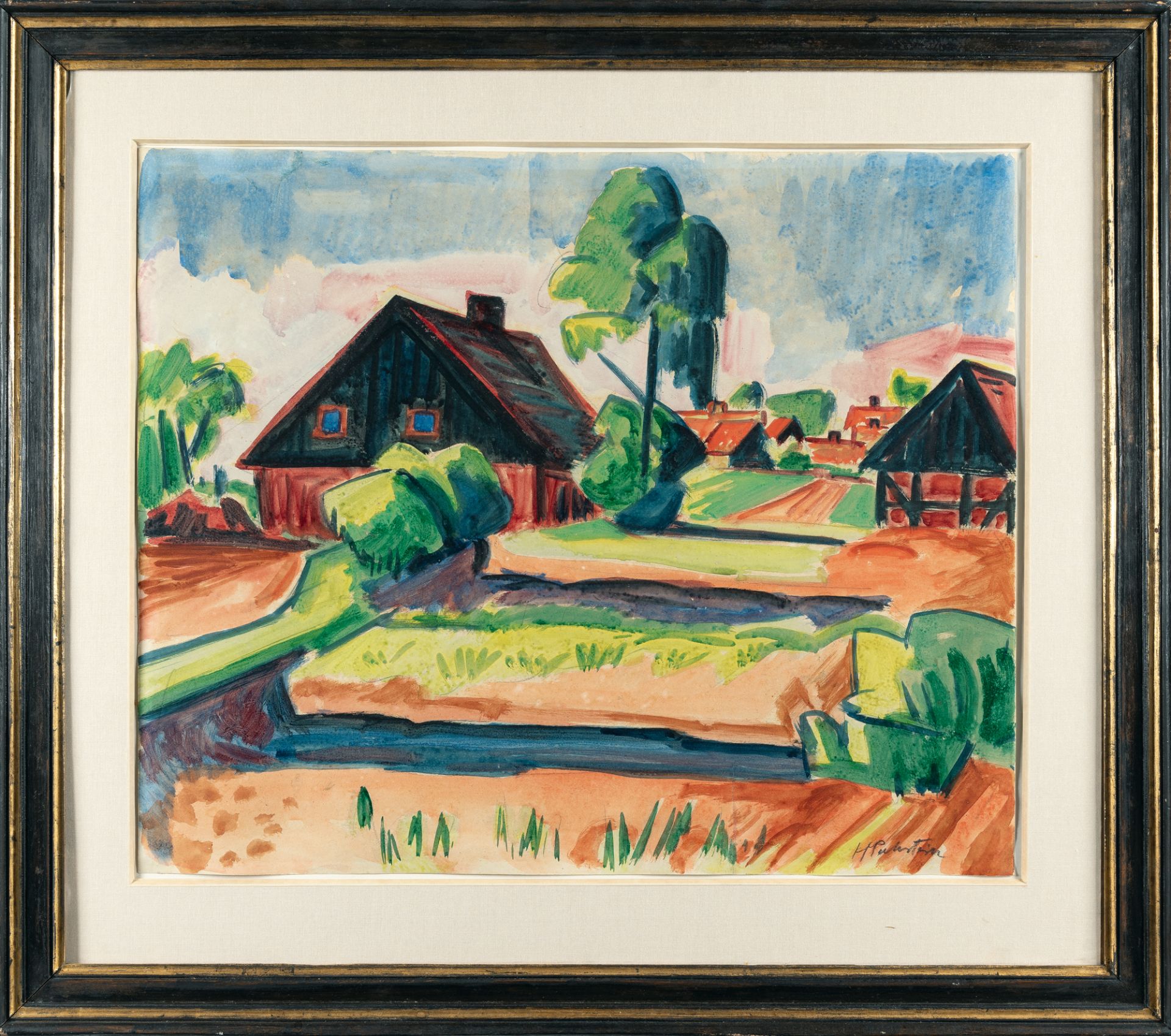 Hermann Max Pechstein (1881 Zwickau - Berlin 1955) – Landscape with houses and gardens.Watercolour - Image 4 of 5