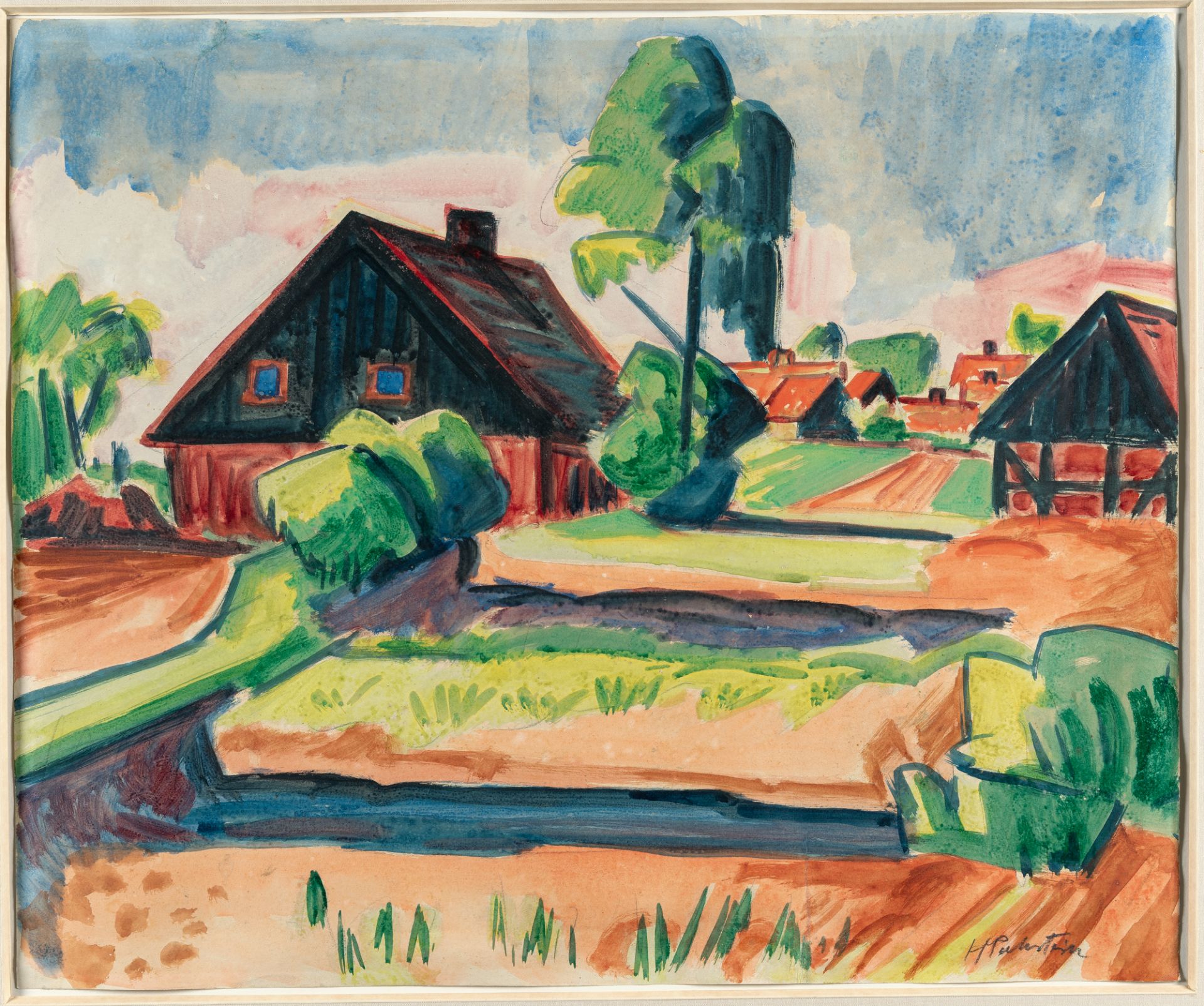 Hermann Max Pechstein (1881 Zwickau - Berlin 1955) – Landscape with houses and gardens.Watercolour - Image 2 of 5